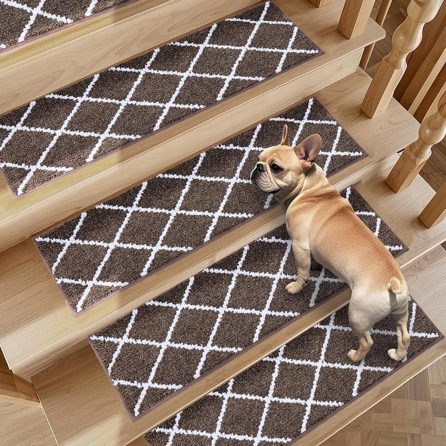 Non-Slip Stair Treads for Wooden Steps Indoor, 4 Pack 9" X 28" Edging Stair Carpet Mat with TPE Backing, 0.4" Thick Stair Runners for Kids Elders & Pets, 100% Polyester Soft Stair Rugs, Brown