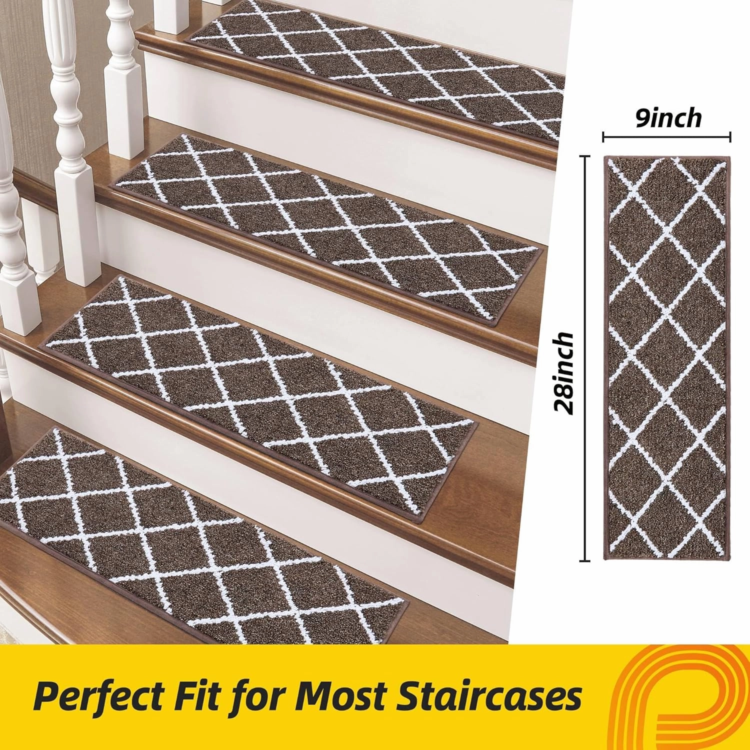 Non-Slip Stair Treads for Wooden Steps Indoor, 4 Pack 9" X 28" Edging Stair Carpet Mat with TPE Backing, 0.4" Thick Stair Runners for Kids Elders & Pets, 100% Polyester Soft Stair Rugs, Brown