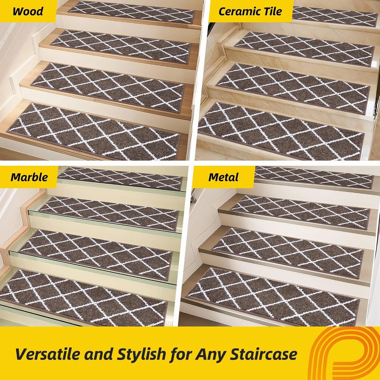Non-Slip Stair Treads for Wooden Steps Indoor, 4 Pack 9" X 28" Edging Stair Carpet Mat with TPE Backing, 0.4" Thick Stair Runners for Kids Elders & Pets, 100% Polyester Soft Stair Rugs, Brown