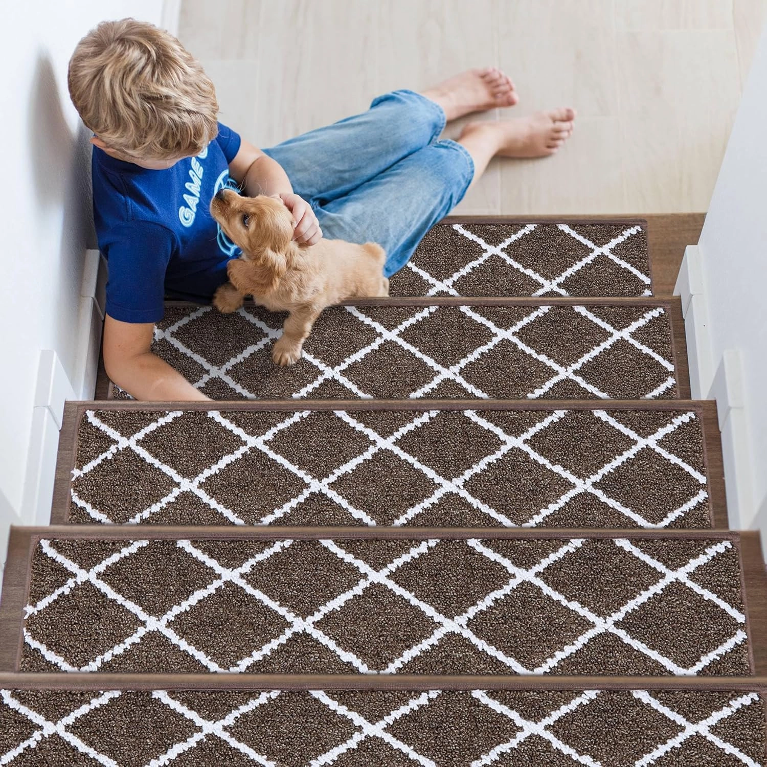 Non-Slip Stair Treads for Wooden Steps Indoor, 4 Pack 9" X 28" Edging Stair Carpet Mat with TPE Backing, 0.4" Thick Stair Runners for Kids Elders & Pets, 100% Polyester Soft Stair Rugs, Brown