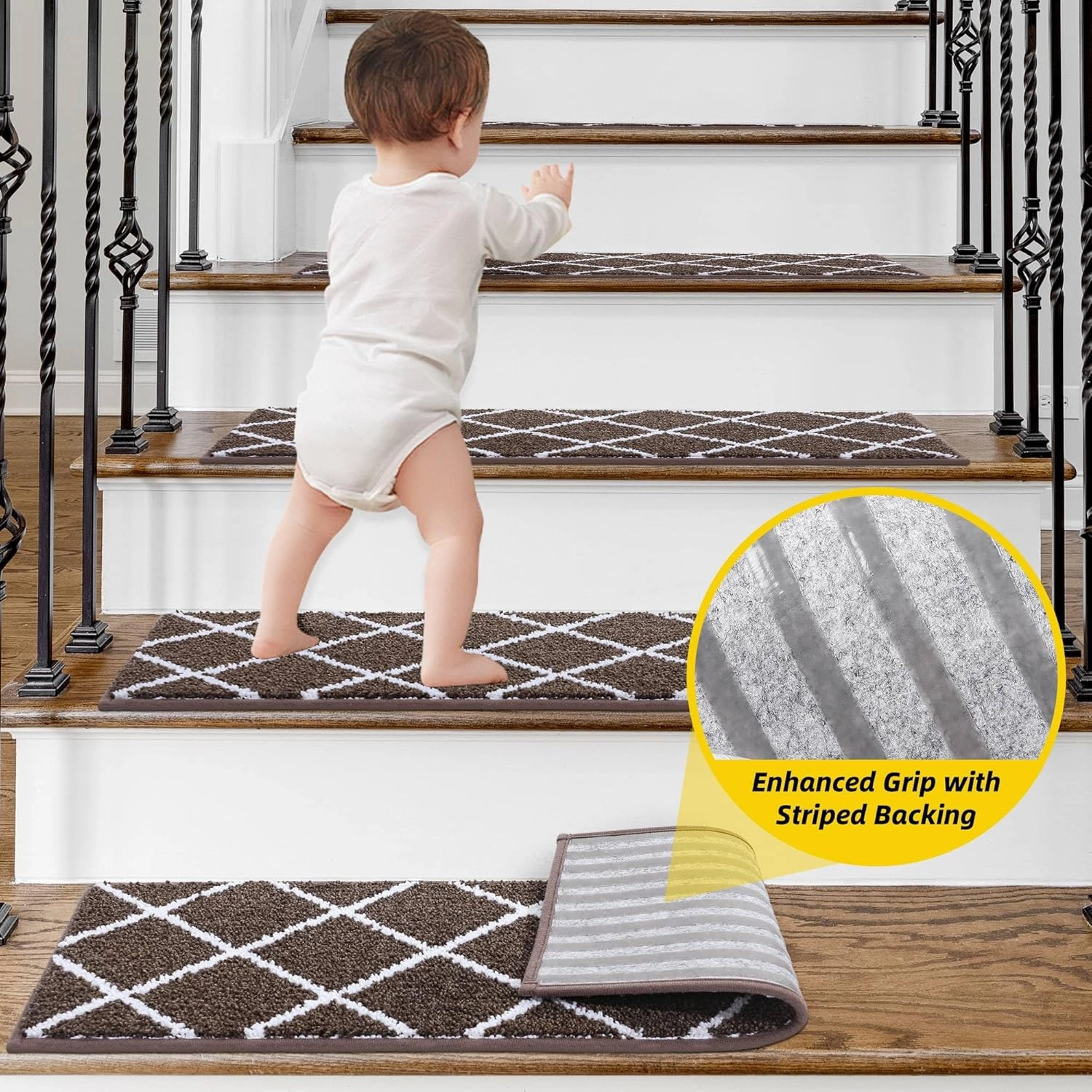 Non-Slip Stair Treads for Wooden Steps Indoor, 4 Pack 9" X 28" Edging Stair Carpet Mat with TPE Backing, 0.4" Thick Stair Runners for Kids Elders & Pets, 100% Polyester Soft Stair Rugs, Brown
