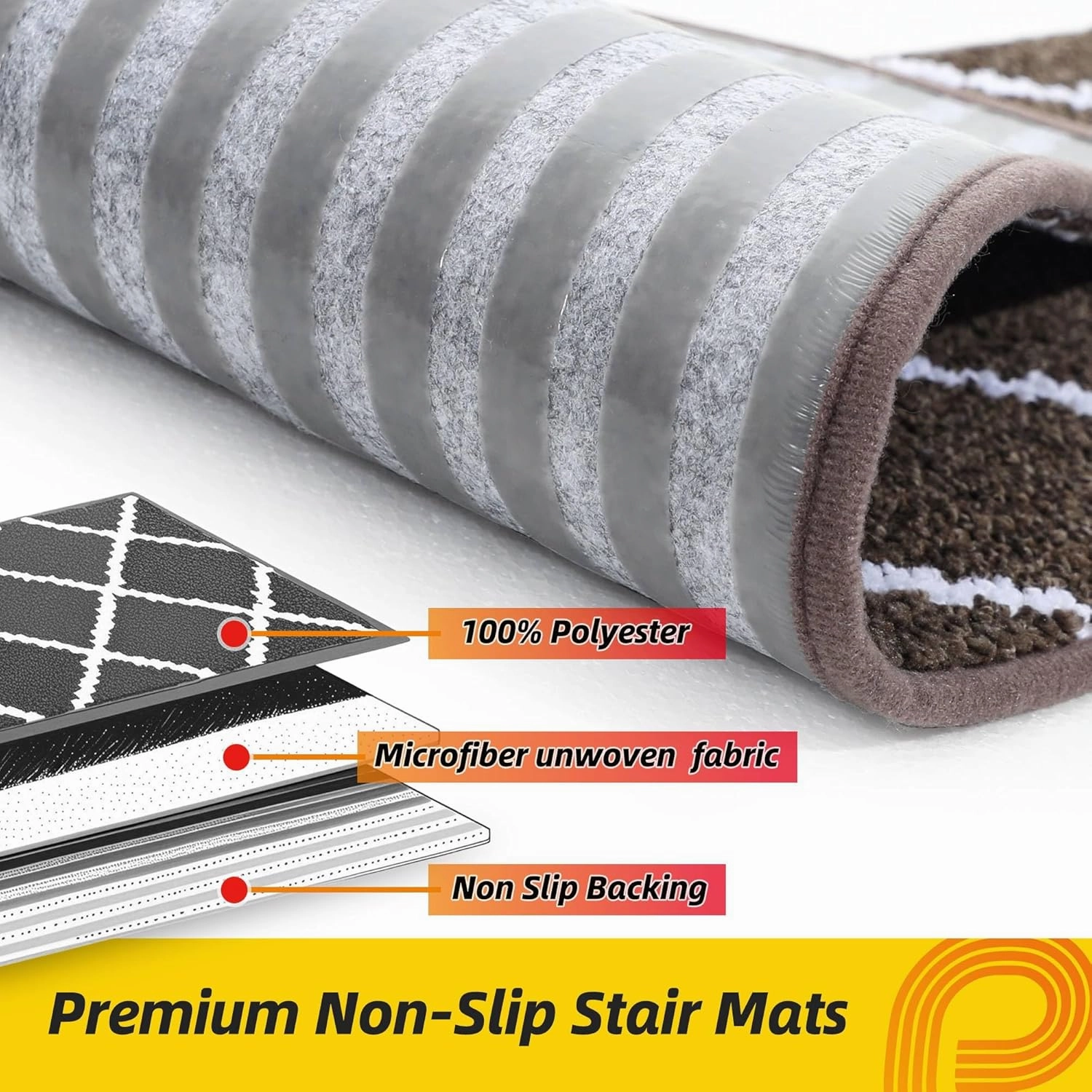 Non-Slip Stair Treads for Wooden Steps Indoor, 4 Pack 9" X 28" Edging Stair Carpet Mat with TPE Backing, 0.4" Thick Stair Runners for Kids Elders & Pets, 100% Polyester Soft Stair Rugs, Brown