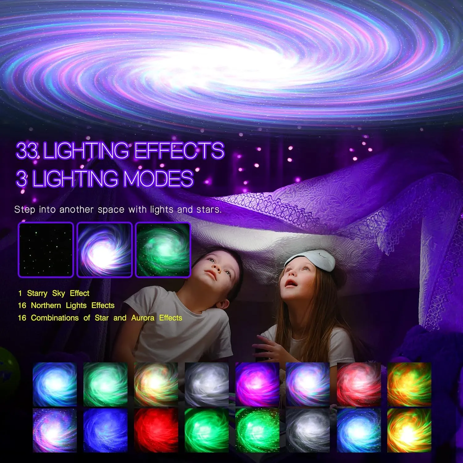 Northern Galaxy Light Aurora Projector with 33 Light Effects, Night Lights LED Star Projector for Bedroom Nebula Lamp, Remote Control, White Noises, Bluetooth Speaker for Parties (Jet Black)