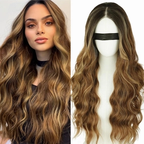 NOSTALGIA Ombre Brown Highlight Wigs for Women, Honey Blonde Long Wavy Lace Hairline Middle Part Synthetic Heat Resistant Wig for Daily Party Use