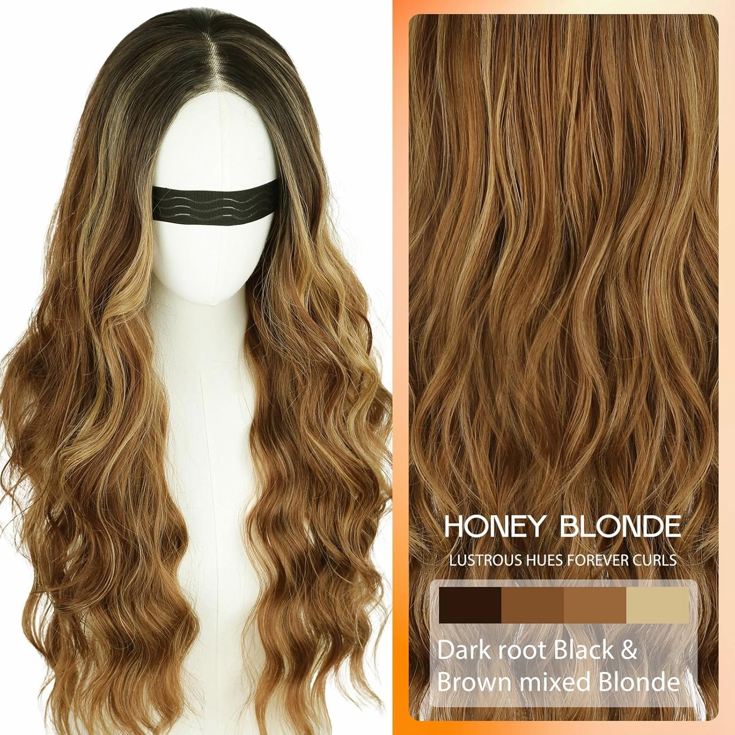 NOSTALGIA Ombre Brown Highlight Wigs for Women, Honey Blonde Long Wavy Lace Hairline Middle Part Synthetic Heat Resistant Wig for Daily Party Use