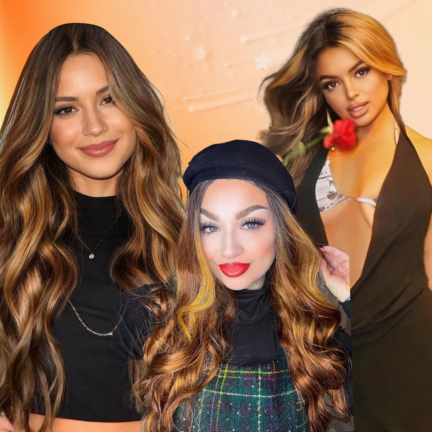 NOSTALGIA Ombre Brown Highlight Wigs for Women, Honey Blonde Long Wavy Lace Hairline Middle Part Synthetic Heat Resistant Wig for Daily Party Use