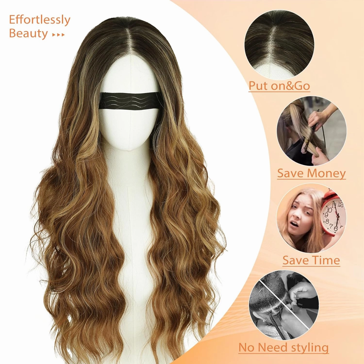 NOSTALGIA Ombre Brown Highlight Wigs for Women, Honey Blonde Long Wavy Lace Hairline Middle Part Synthetic Heat Resistant Wig for Daily Party Use