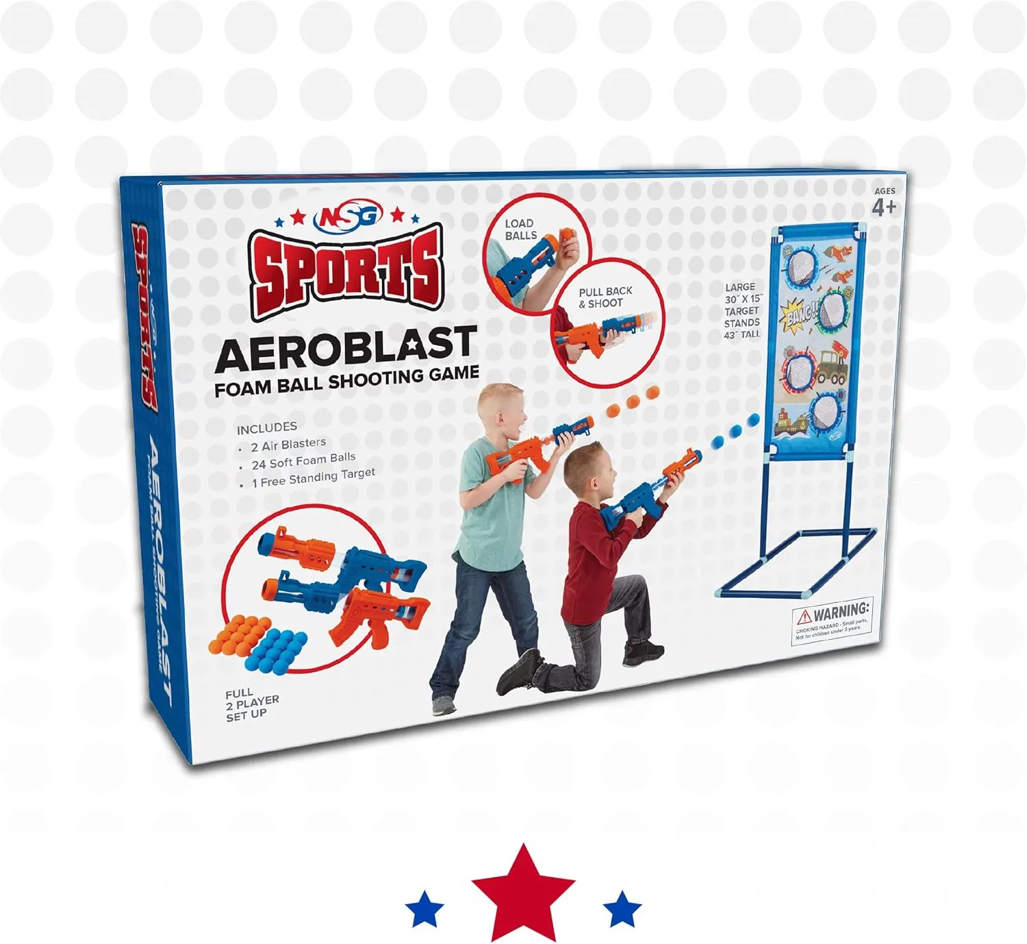 NSG Aeroblast Shooting Games for Kids - 2pk, 24ct Soft Foam Balls and 2 Pump Action Blaster Guns, 2-Player Toy Blaster Gun Set with Standing Shooting Target