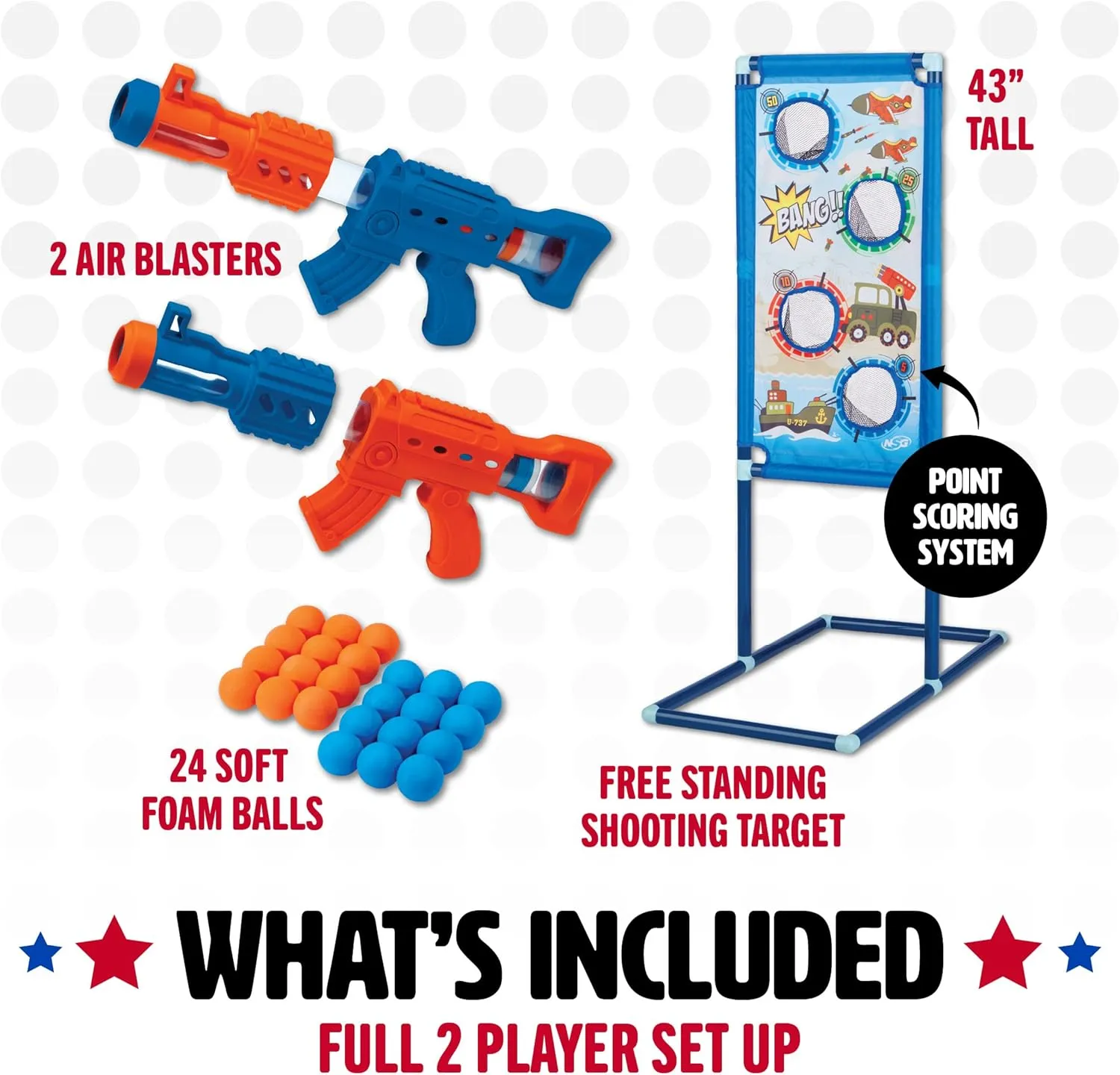 NSG Aeroblast Shooting Games for Kids - 2pk, 24ct Soft Foam Balls and 2 Pump Action Blaster Guns, 2-Player Toy Blaster Gun Set with Standing Shooting Target