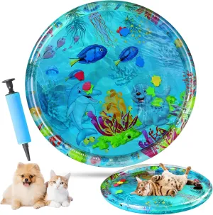 Ocean-Themed Round Sensory Water Play Mat for Cats, Cat Water mat with Fish,Thickened Indoor and Outdoor Dog Toys,Durable & Easy-Clean Playmat. (Large，Animals)