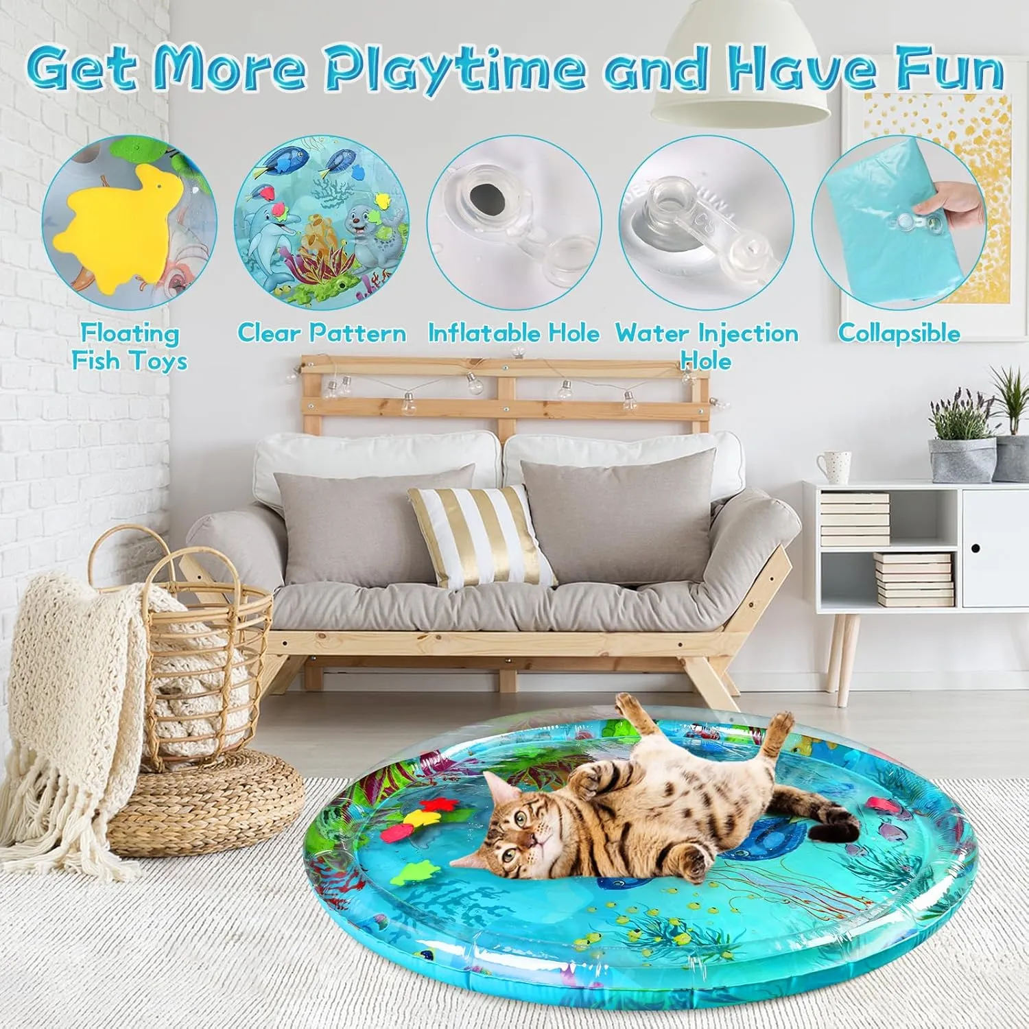 Ocean-Themed Round Sensory Water Play Mat for Cats, Cat Water mat with Fish,Thickened Indoor and Outdoor Dog Toys,Durable & Easy-Clean Playmat. (Large，Animals)