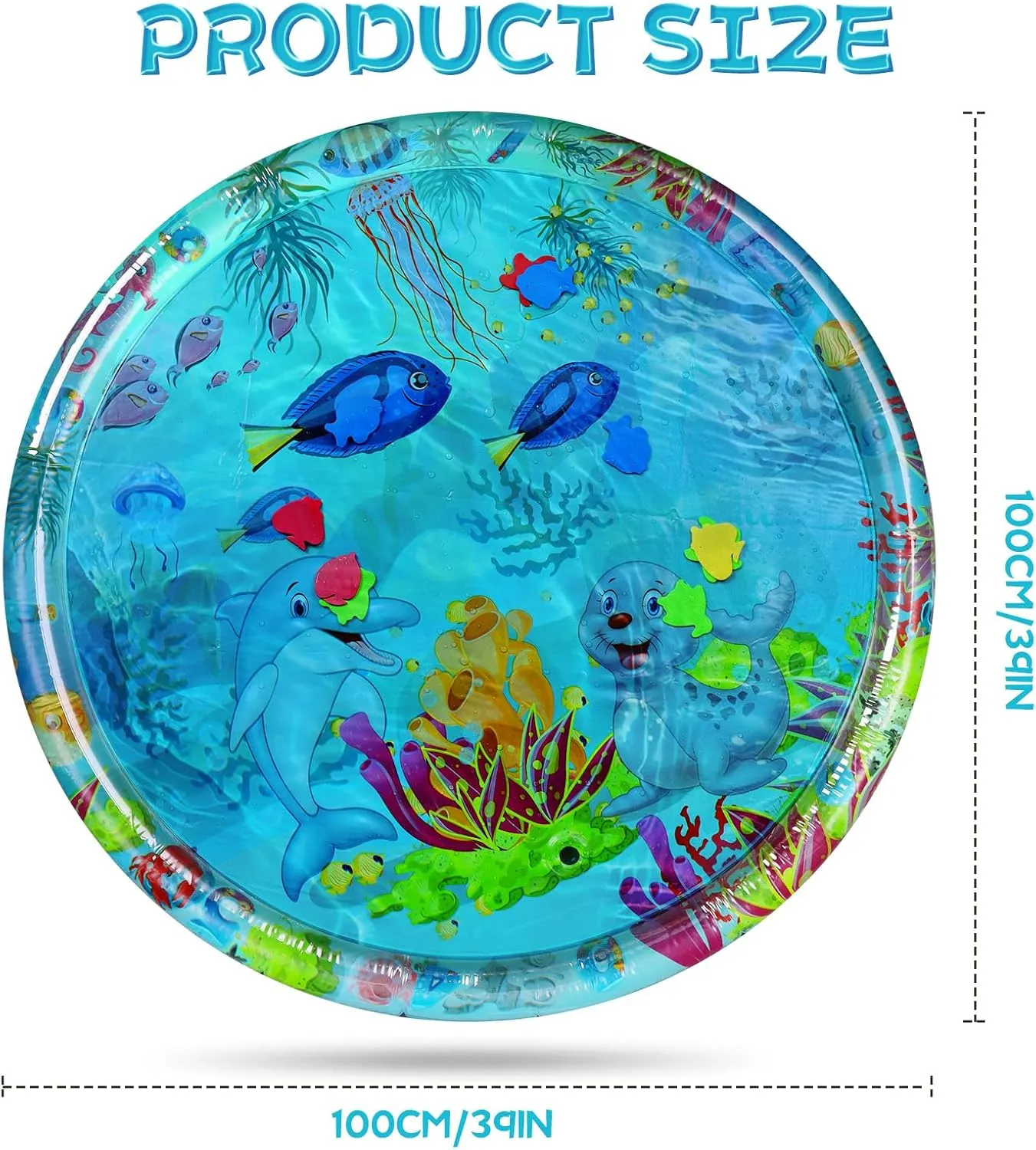 Ocean-Themed Round Sensory Water Play Mat for Cats, Cat Water mat with Fish,Thickened Indoor and Outdoor Dog Toys,Durable & Easy-Clean Playmat. (Large，Animals)