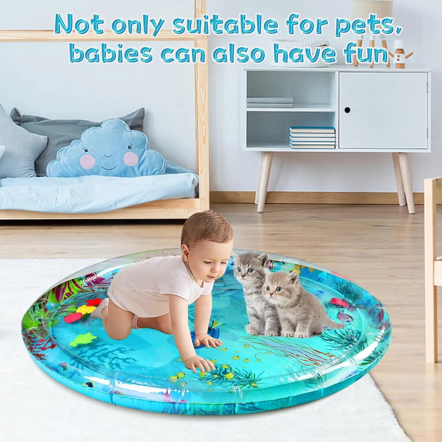 Ocean-Themed Round Sensory Water Play Mat for Cats, Cat Water mat with Fish,Thickened Indoor and Outdoor Dog Toys,Durable & Easy-Clean Playmat. (Large，Animals)