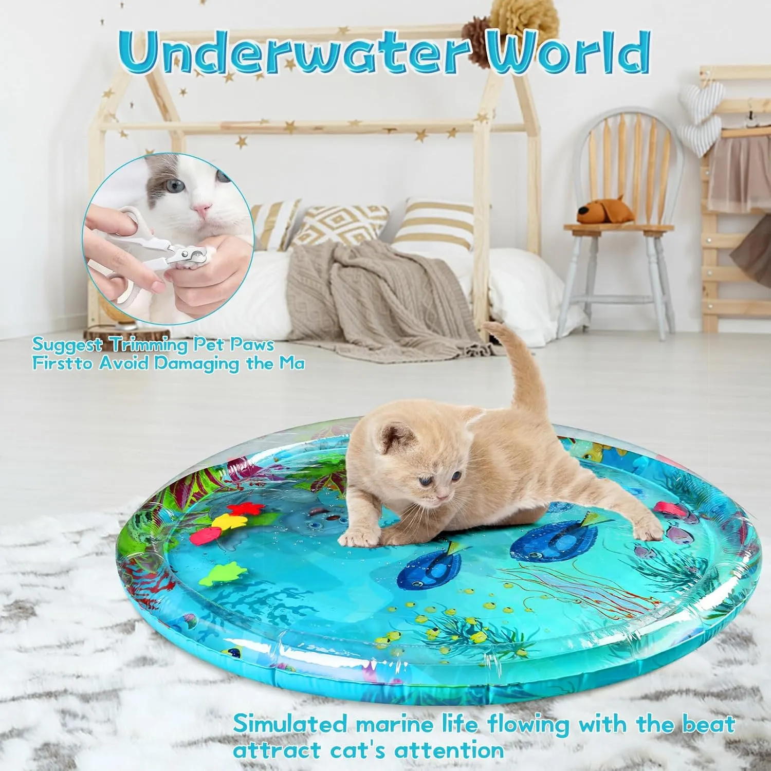 Ocean-Themed Round Sensory Water Play Mat for Cats, Cat Water mat with Fish,Thickened Indoor and Outdoor Dog Toys,Durable & Easy-Clean Playmat. (Large，Animals)