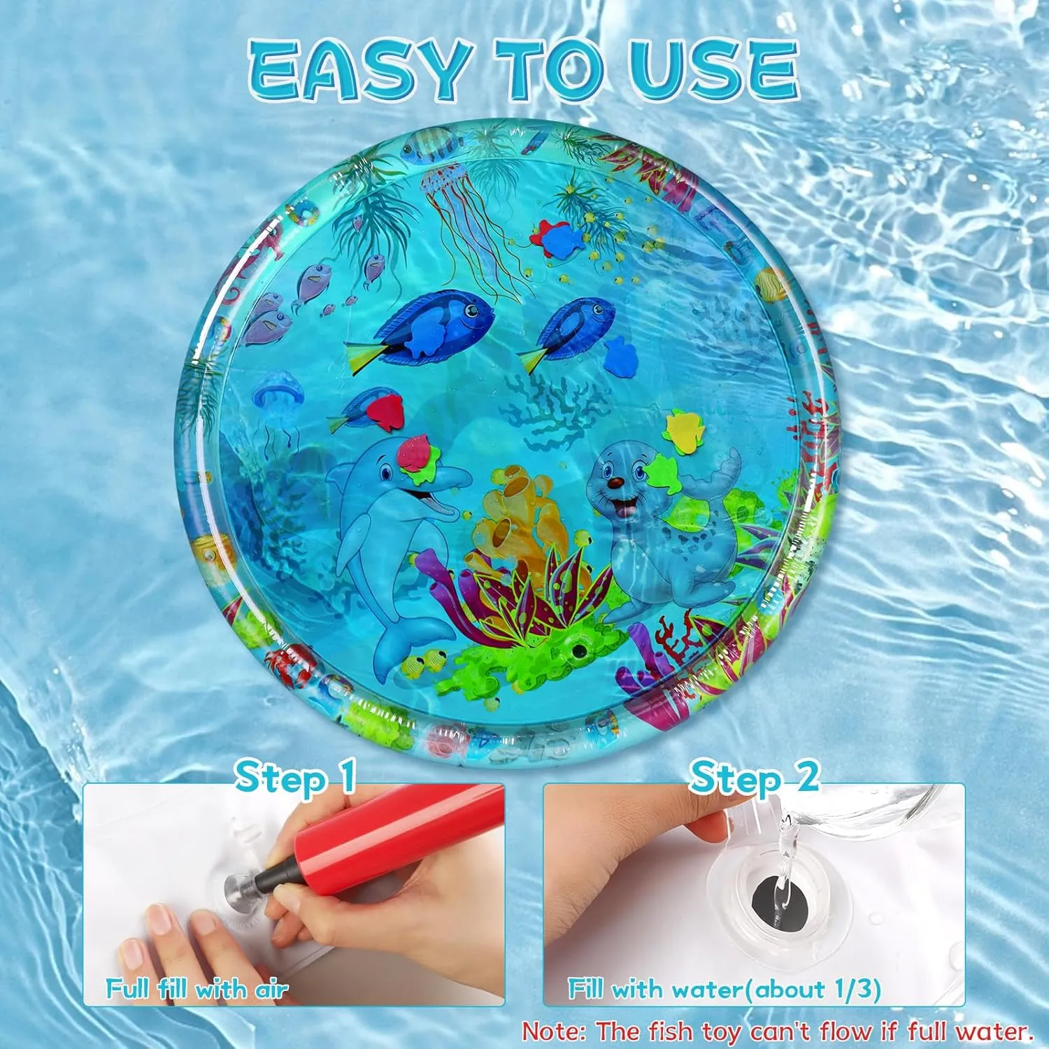 Ocean-Themed Round Sensory Water Play Mat for Cats, Cat Water mat with Fish,Thickened Indoor and Outdoor Dog Toys,Durable & Easy-Clean Playmat. (Large，Animals)