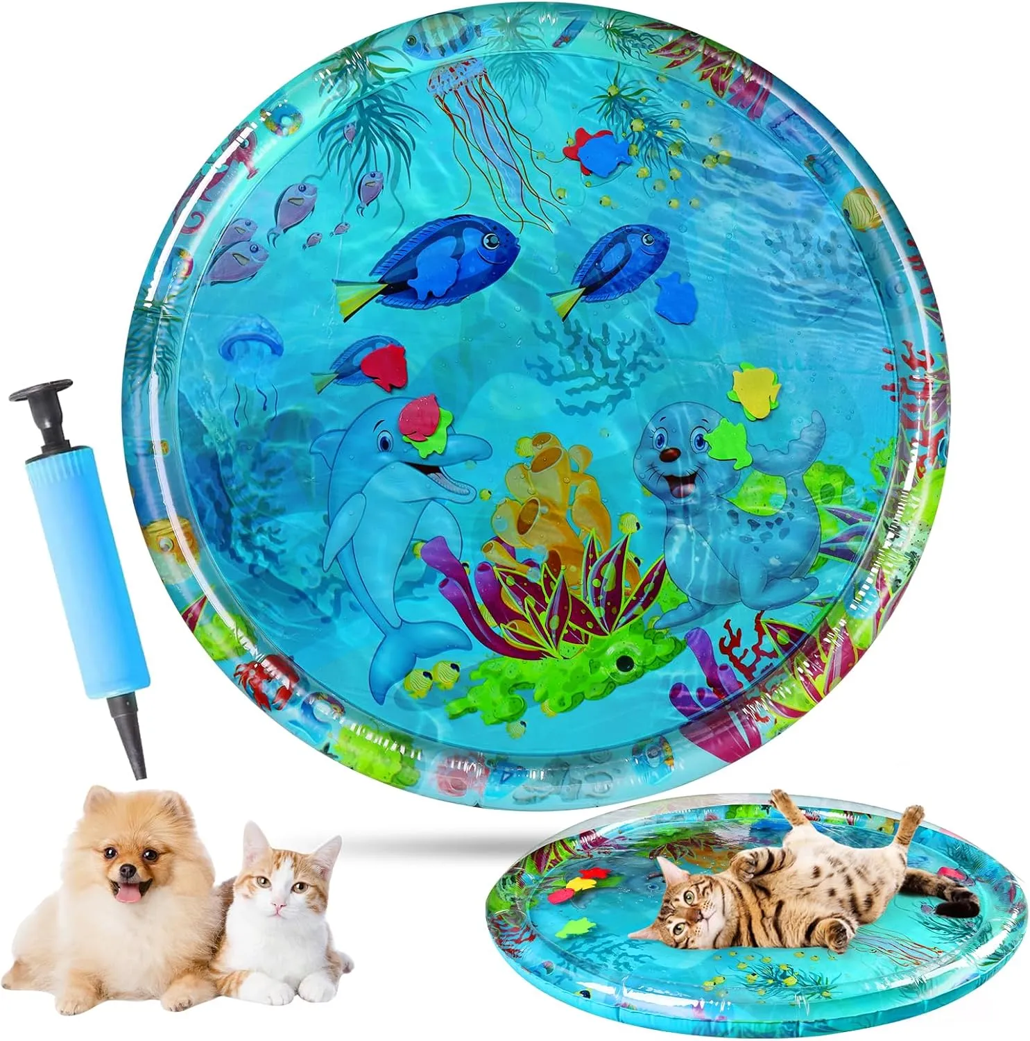 Ocean-Themed Round Sensory Water Play Mat for Cats, Cat Water mat with Fish,Thickened Indoor and Outdoor Dog Toys,Durable & Easy-Clean Playmat. (Large，Animals)