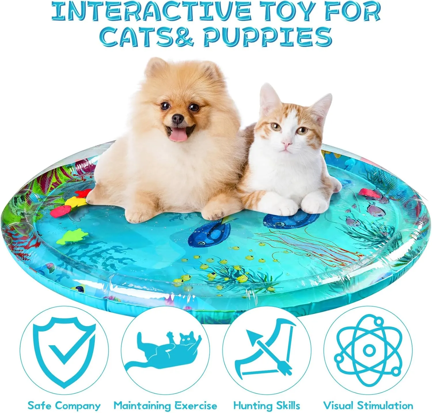 Ocean-Themed Round Sensory Water Play Mat for Cats, Cat Water mat with Fish,Thickened Indoor and Outdoor Dog Toys,Durable & Easy-Clean Playmat. (Large，Animals)
