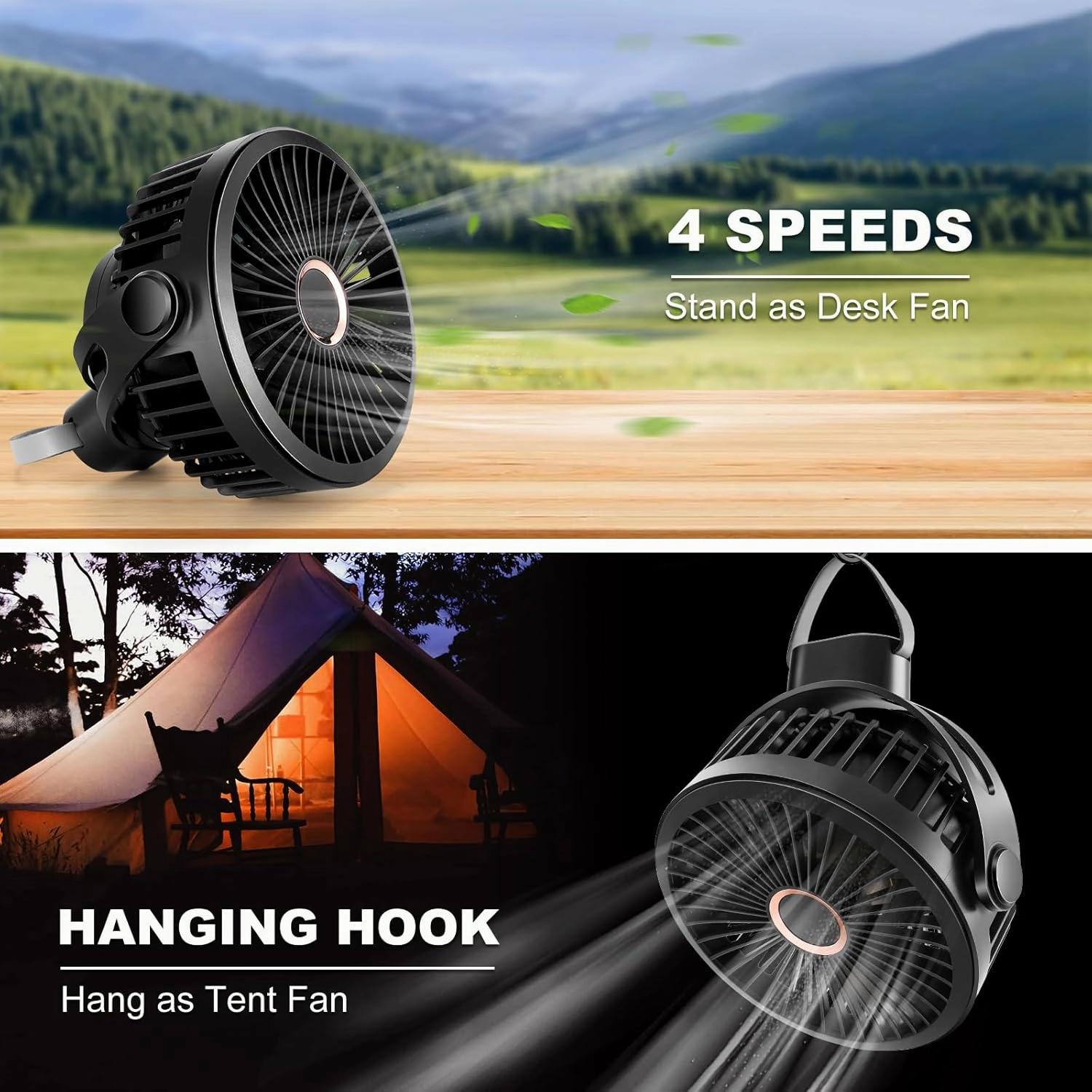 Odoland 2 Packs 10000mAh Camping Rechargeable Fan with Hanging Hook Carabiner, Portable Battery Operated Tent Fan, Quiet Strong Airflow, Outdoor USB Desk Fan for Picnic Travel Barbecue Fishing