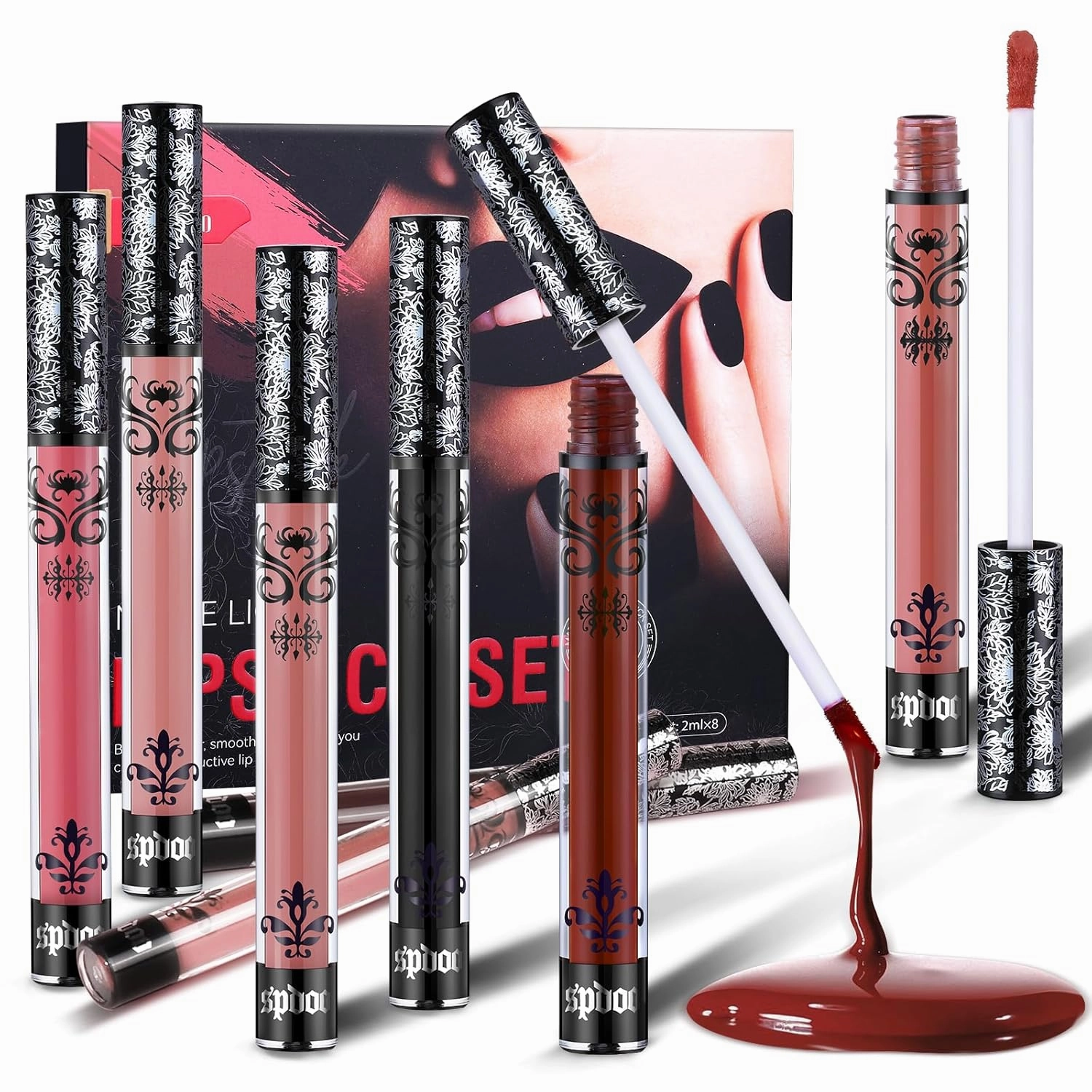 Ofanyia 8 Pcs Matte Liquid Lipstick Makeup Set, Nude Pink Red Black Liquid Lipstick, Long Lasting Waterproof Non-Stick Cup Velvet Lip Gloss Lip Makeup Gifts for Girls and Women (8 Colors)