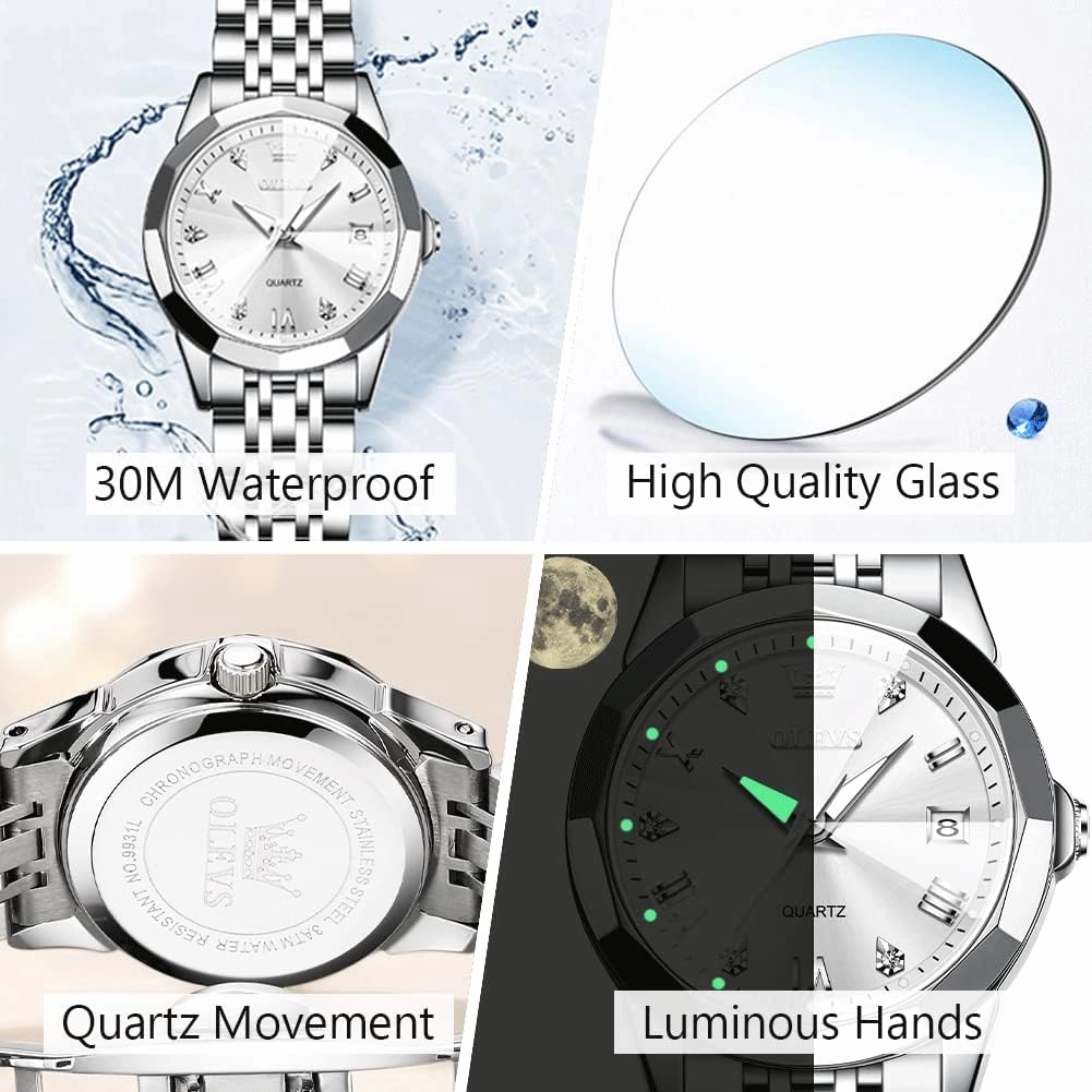 OLEVS Women's Casual Stainless Steel Watch, Small Wrist Simple Watch for Women, Elegant Diamond Roman Numerals Ladies Dress Watch