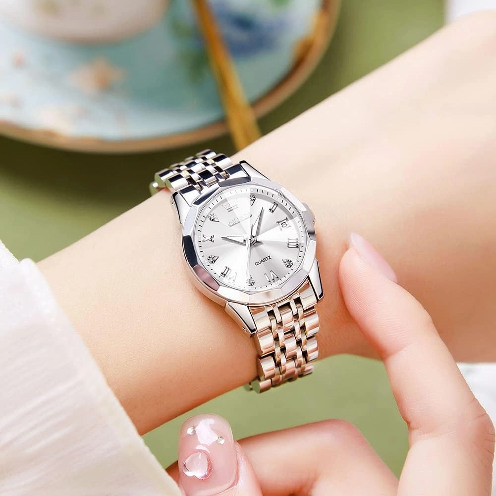 OLEVS Women's Casual Stainless Steel Watch, Small Wrist Simple Watch for Women, Elegant Diamond Roman Numerals Ladies Dress Watch