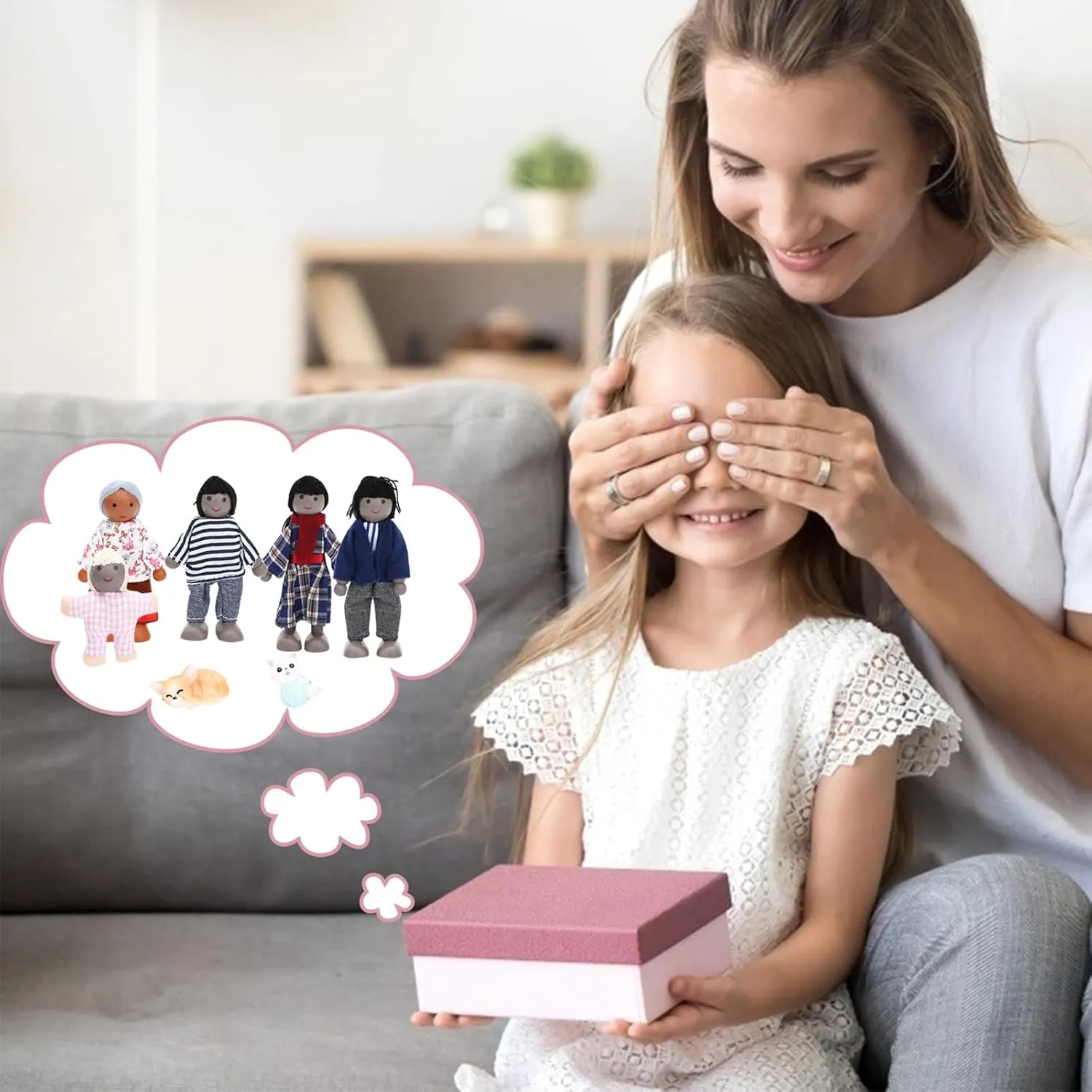 ONEST 18 Pieces Wooden Dollhouse Family Set Mini People Figures Dog Cat Sets Dollhouse Dolls Wooden Doll Family Pretend Play Figures Accessories for Pretend Doll House Toy