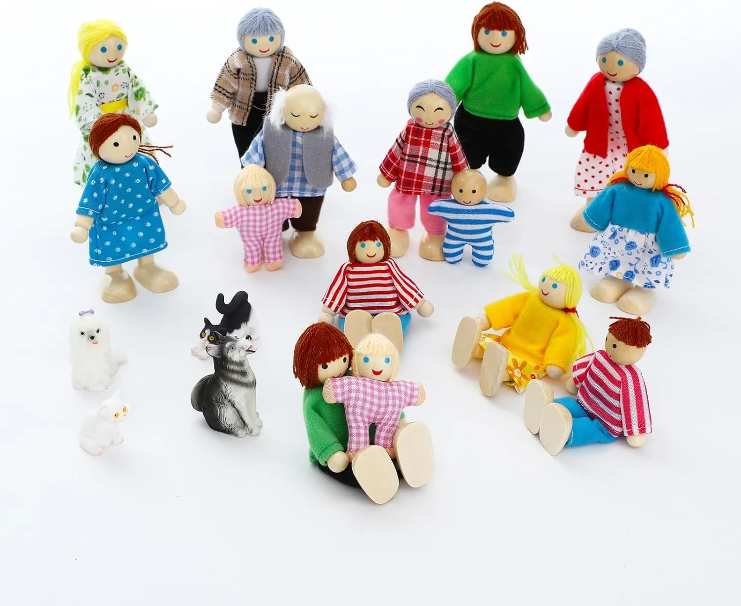 ONEST 20 Pieces Wooden Dollhouse Family Set Mini People Figures Dog Cat Sets Dollhouse Dolls Wooden Doll Family Pretend Play Figures Accessories for Pretend Dollhouse Toy