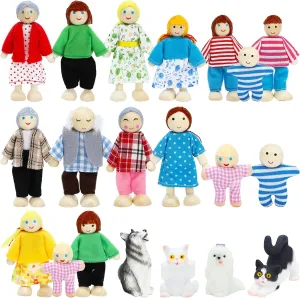 ONEST 20 Pieces Wooden Dollhouse Family Set Mini People Figures Dog Cat Sets Dollhouse Dolls Wooden Doll Family Pretend Play Figures Accessories for Pretend Dollhouse Toy