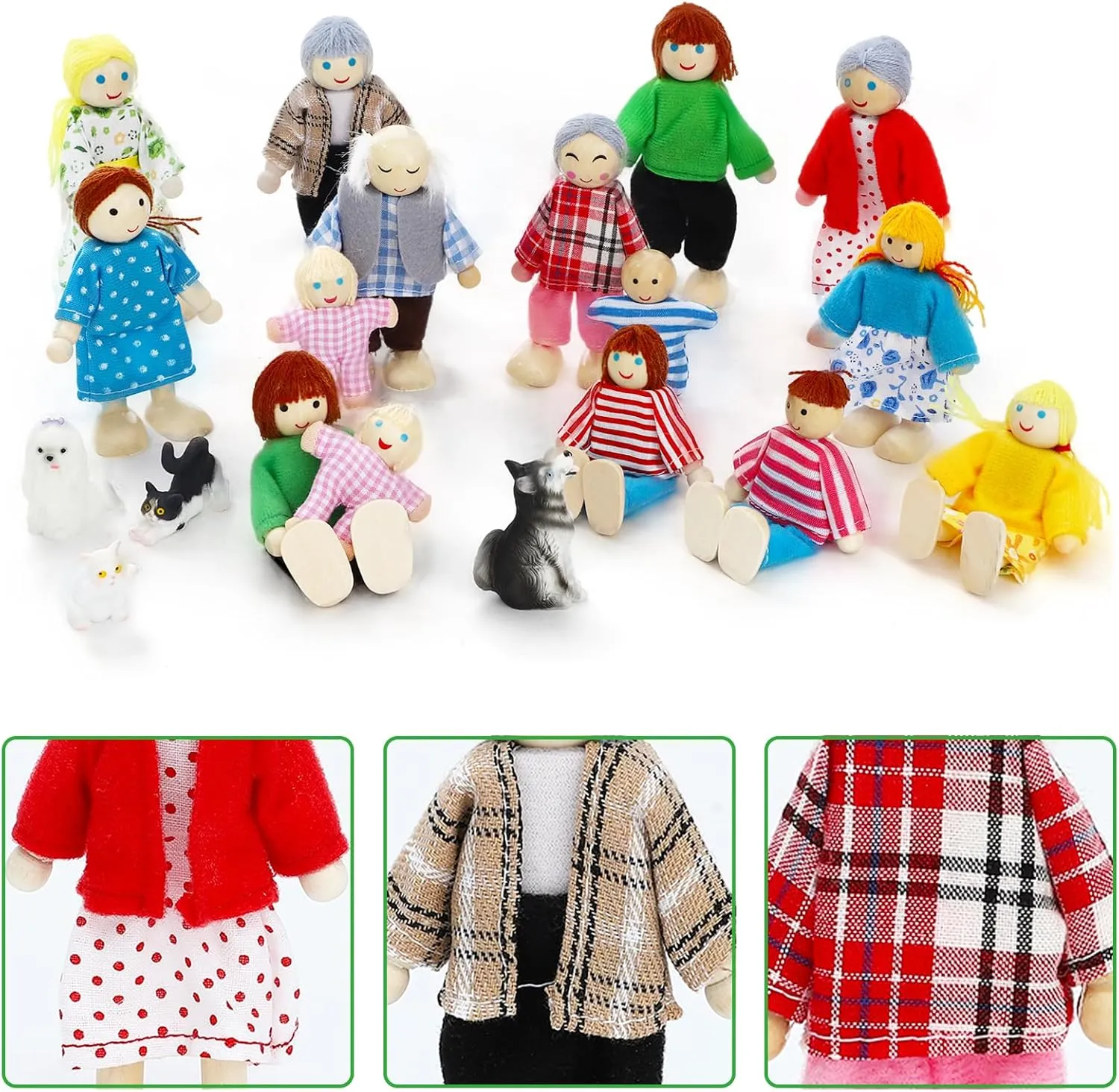 ONEST 20 Pieces Wooden Dollhouse Family Set Mini People Figures Dog Cat Sets Dollhouse Dolls Wooden Doll Family Pretend Play Figures Accessories for Pretend Dollhouse Toy