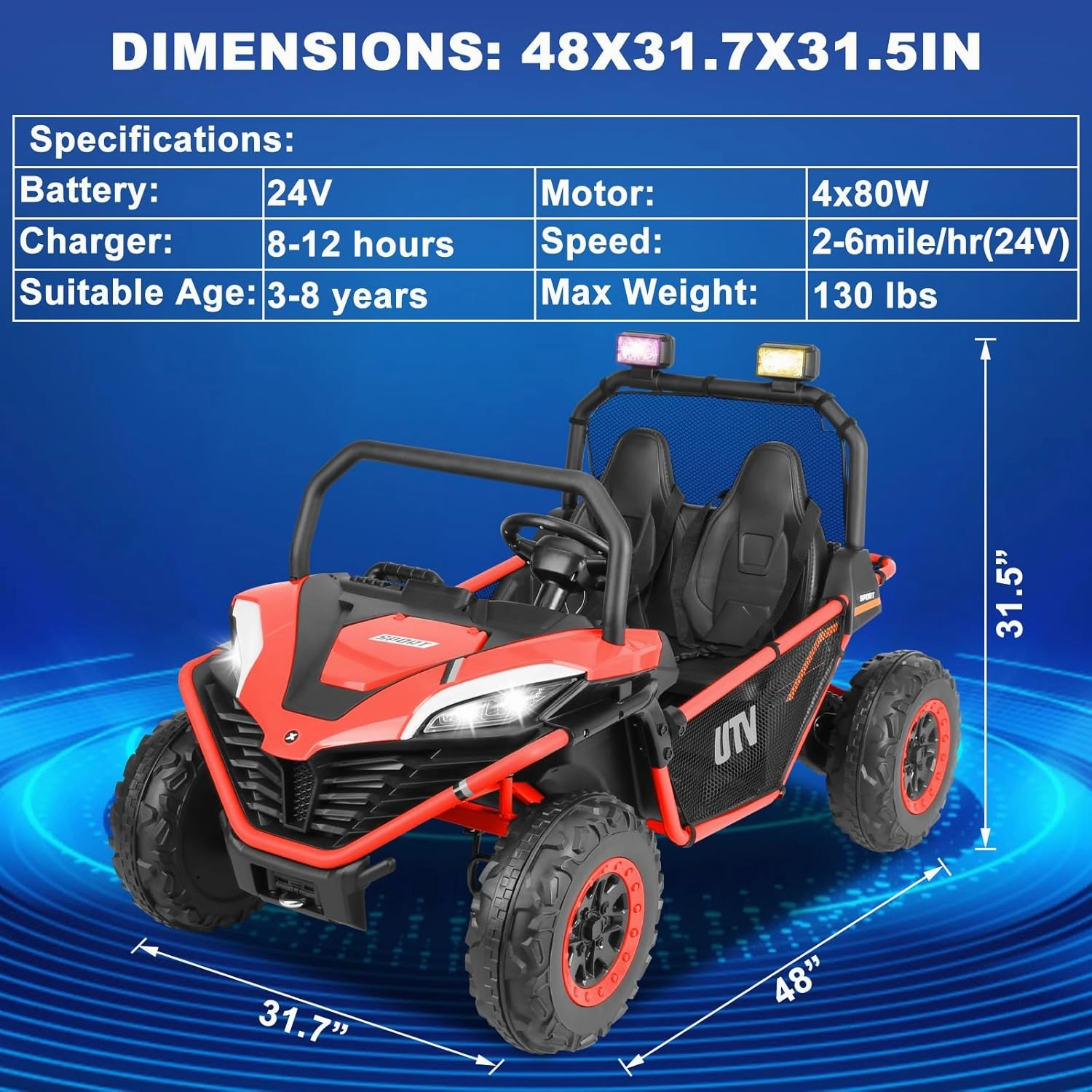 OTTARO 24V 4WD 10 AH Ride on Car Truck, 2 Seater Electric Car UTV for Kids with Metal Frame, Remote Control, Bluetooth-Red