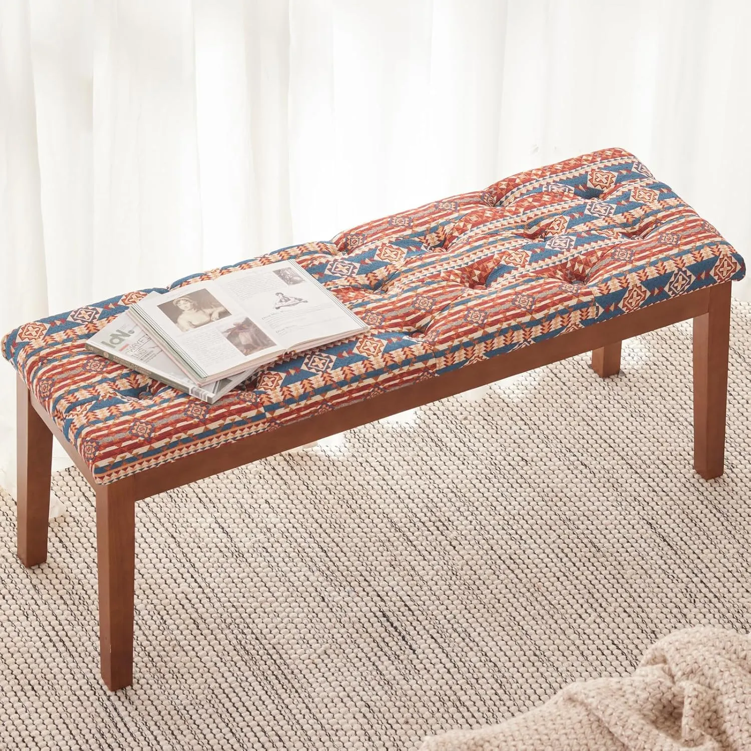 Ottoman Bench Upholstered Padded Seat with Solid Wood Legs and Button-Tufted, Ethnic Print