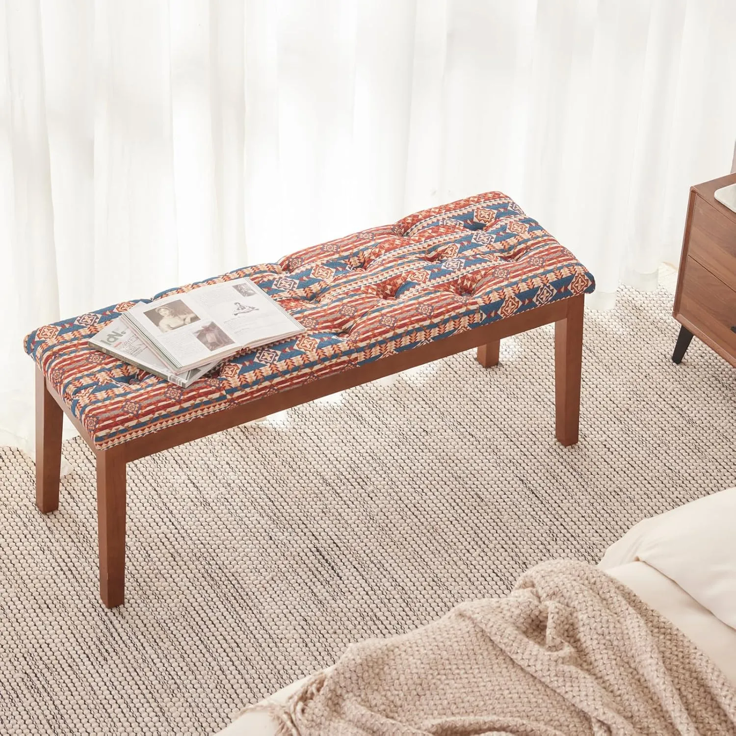 Ottoman Bench Upholstered Padded Seat with Solid Wood Legs and Button-Tufted, Ethnic Print