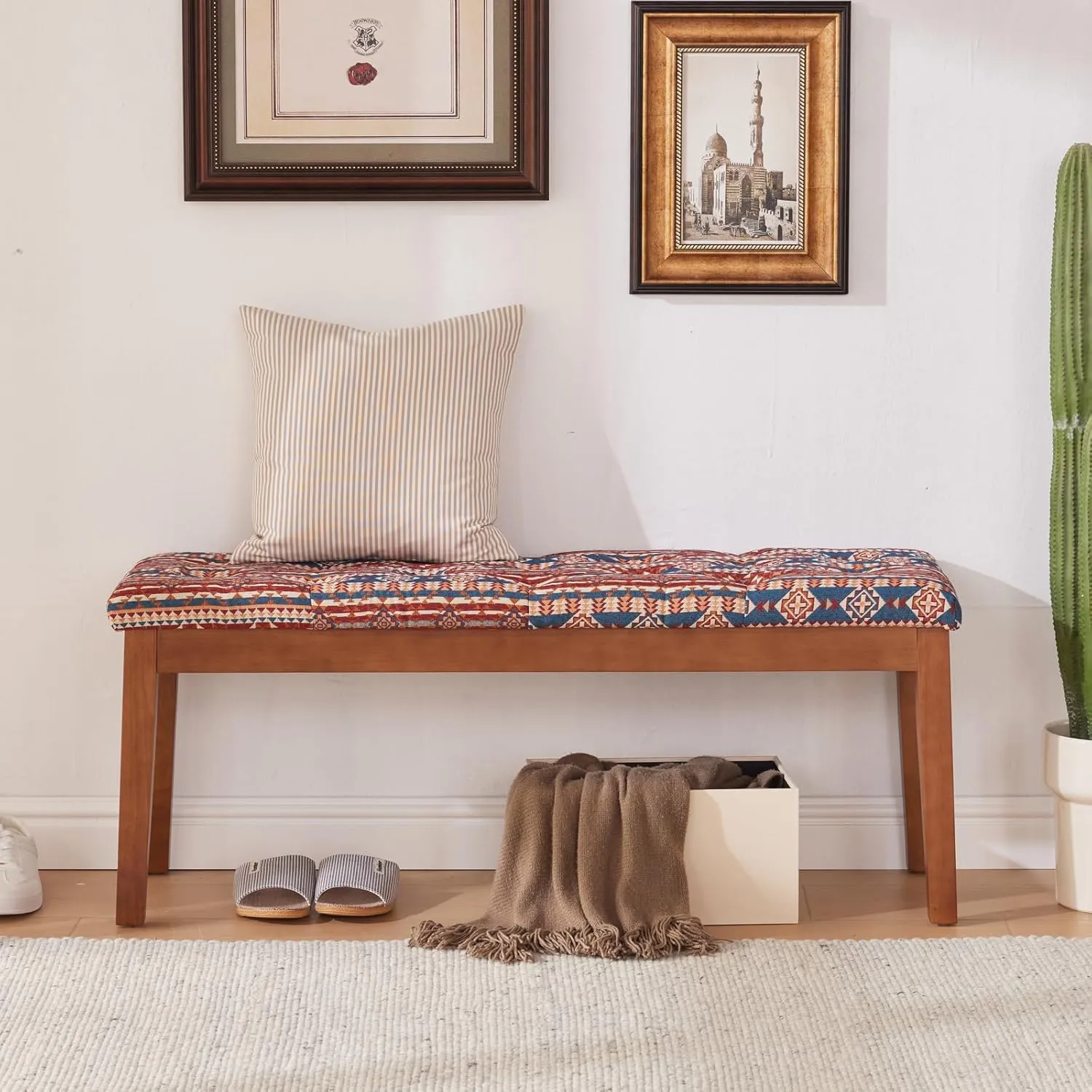Ottoman Bench Upholstered Padded Seat with Solid Wood Legs and Button-Tufted, Ethnic Print