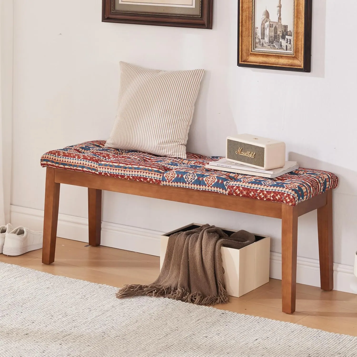 Ottoman Bench Upholstered Padded Seat with Solid Wood Legs and Button-Tufted, Ethnic Print