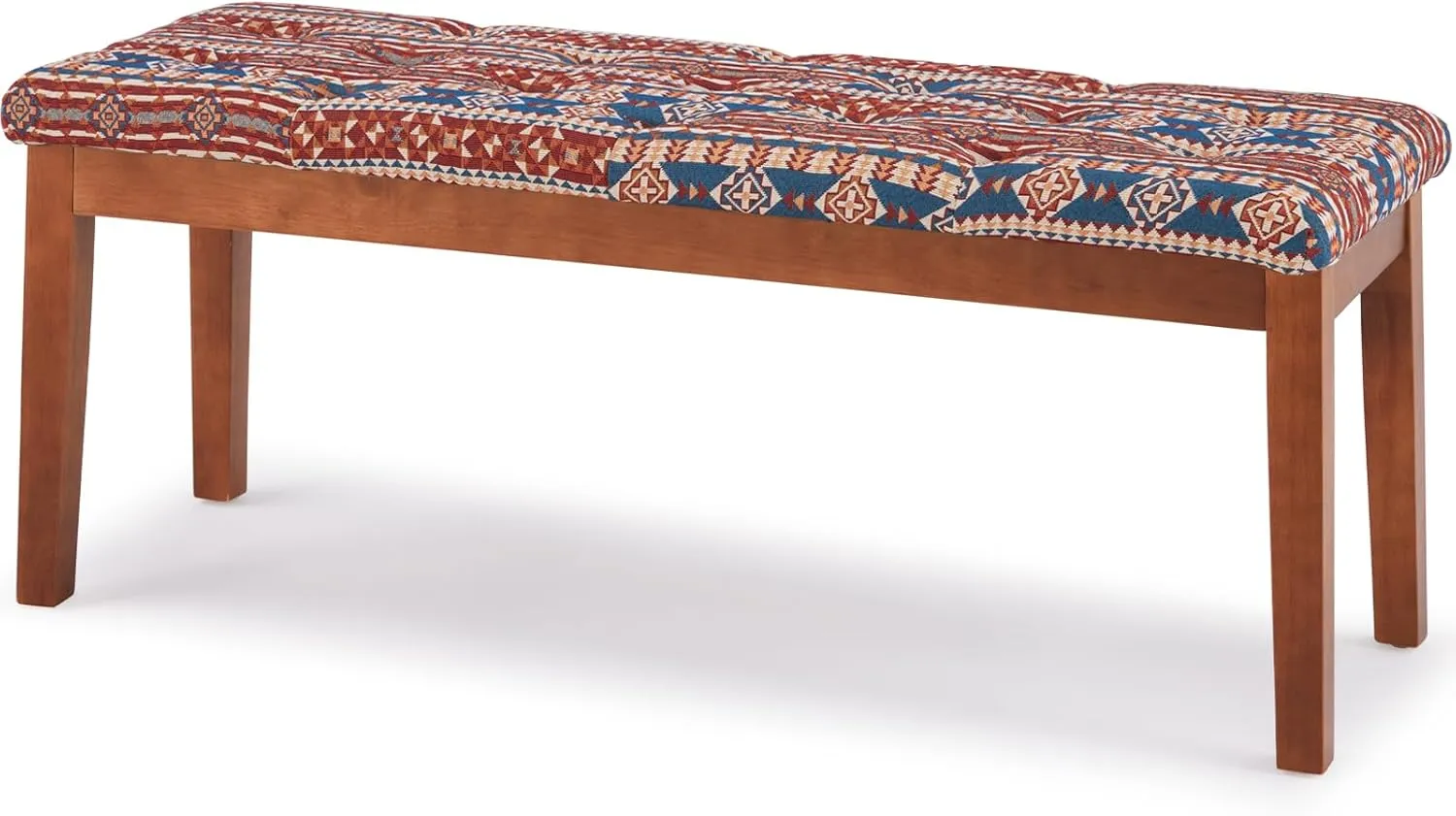 Ottoman Bench Upholstered Padded Seat with Solid Wood Legs and Button-Tufted, Ethnic Print