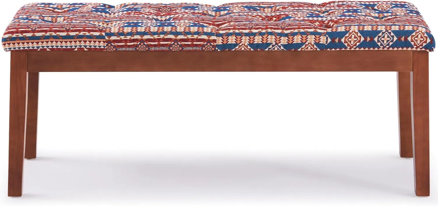 Ottoman Bench Upholstered Padded Seat with Solid Wood Legs and Button-Tufted, Ethnic Print
