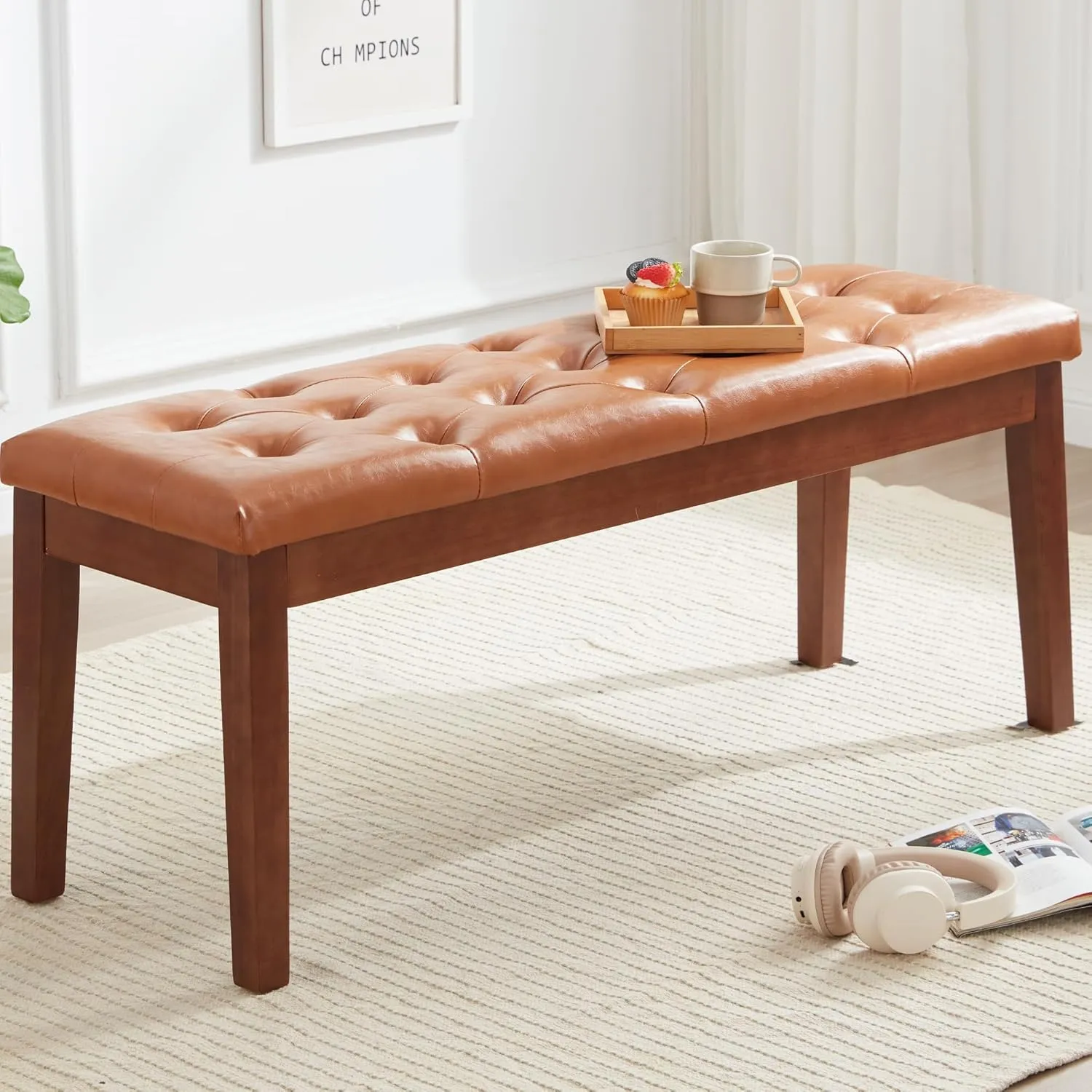 Ottoman Bench Upholstered Padded Seat with Solid Wood Legs and Button-Tufted, Faux Leather Cognac Brown