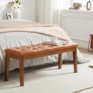 Ottoman Bench Upholstered Padded Seat with Solid Wood Legs and Button-Tufted, Faux Leather Cognac Brown