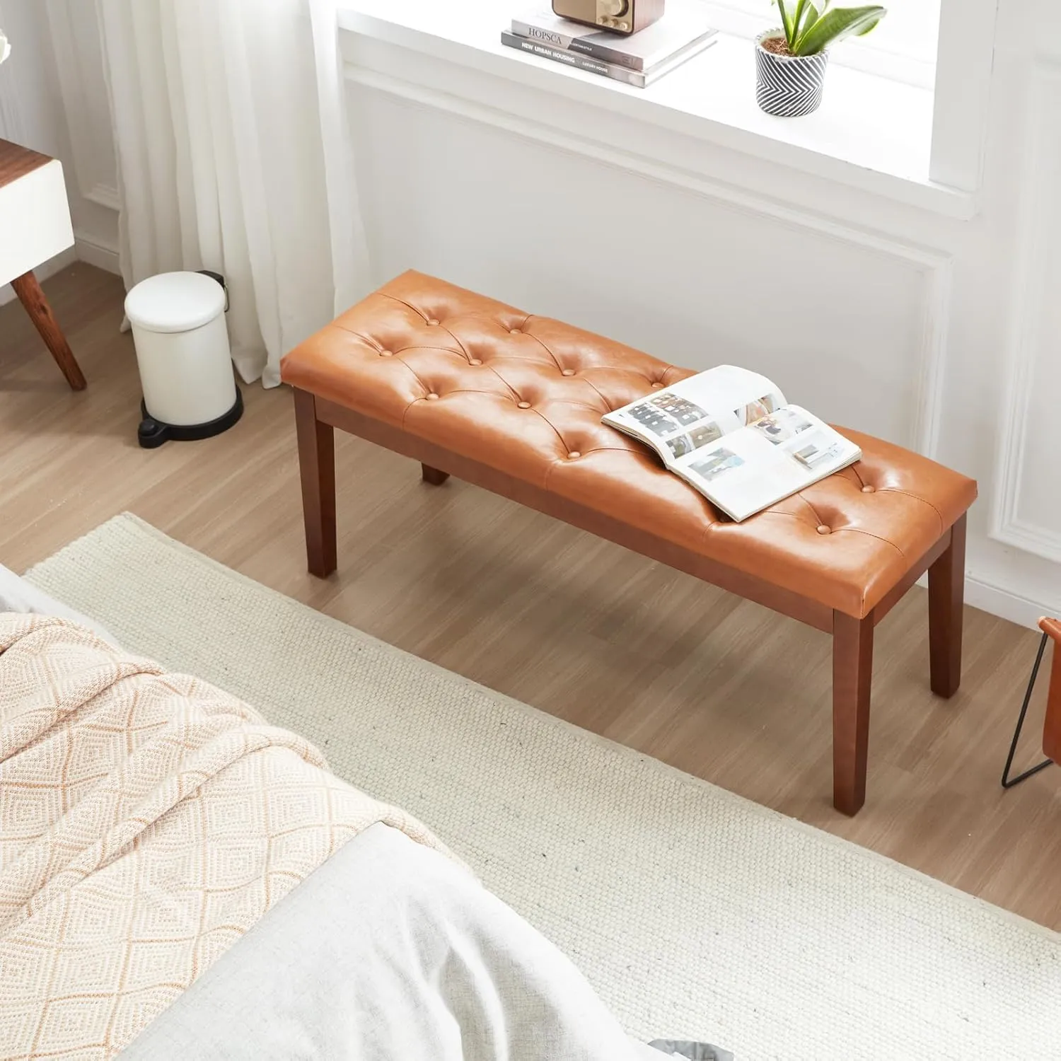 Ottoman Bench Upholstered Padded Seat with Solid Wood Legs and Button-Tufted, Faux Leather Cognac Brown