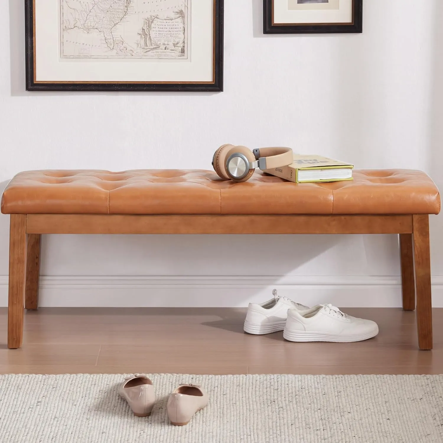 Ottoman Bench Upholstered Padded Seat with Solid Wood Legs and Button-Tufted, Faux Leather Cognac Brown
