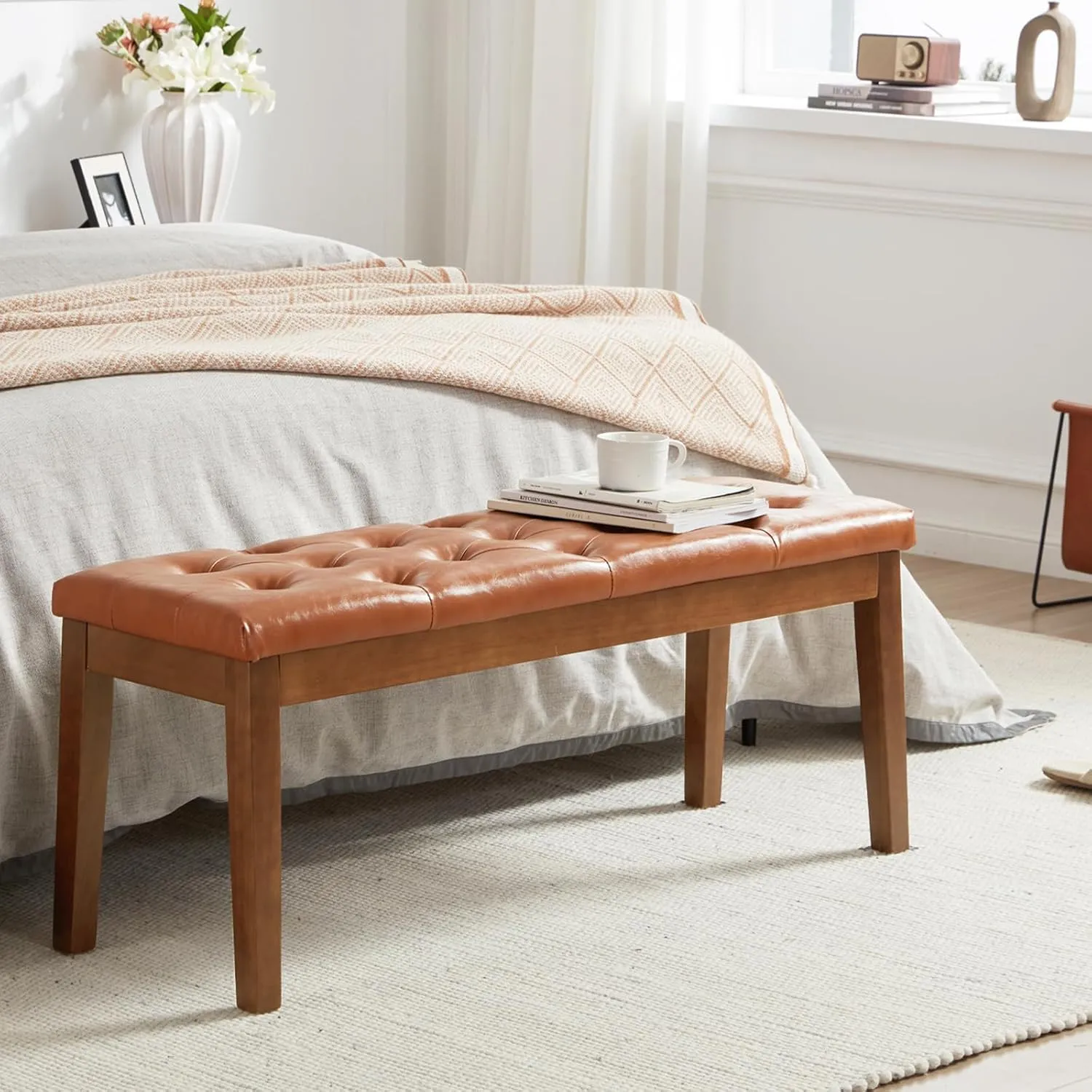 Ottoman Bench Upholstered Padded Seat with Solid Wood Legs and Button-Tufted, Faux Leather Cognac Brown