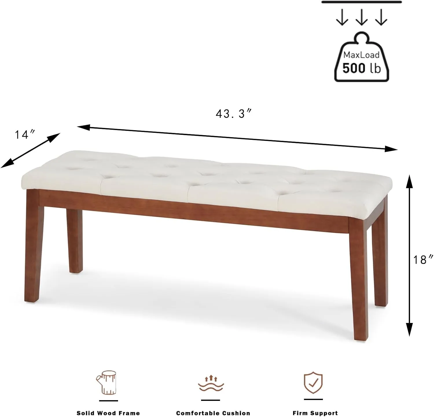 Ottoman Bench Upholstered Padded Seat with Solid Wood Legs and Button-Tufted, Faux Leather Cognac Brown
