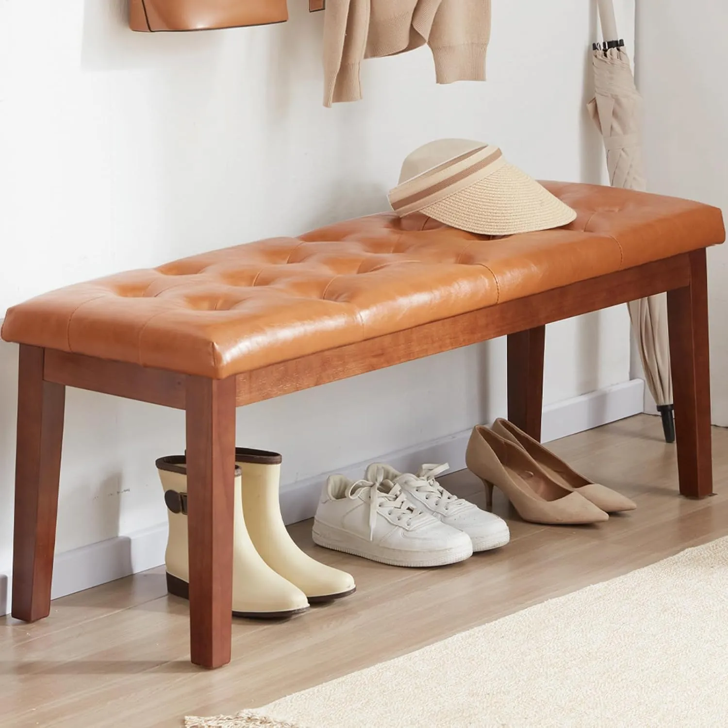 Ottoman Bench Upholstered Padded Seat with Solid Wood Legs and Button-Tufted, Faux Leather Cognac Brown