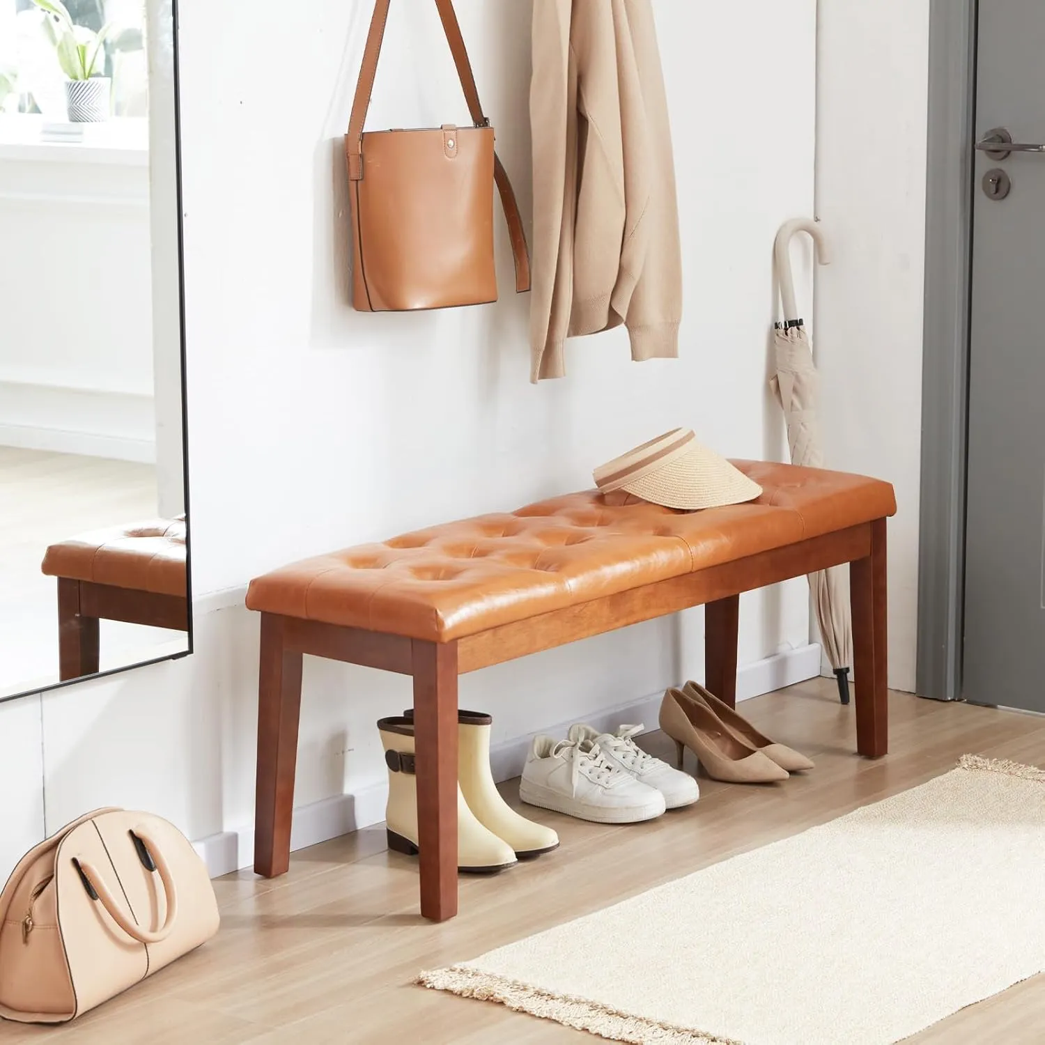 Ottoman Bench Upholstered Padded Seat with Solid Wood Legs and Button-Tufted, Faux Leather Cognac Brown