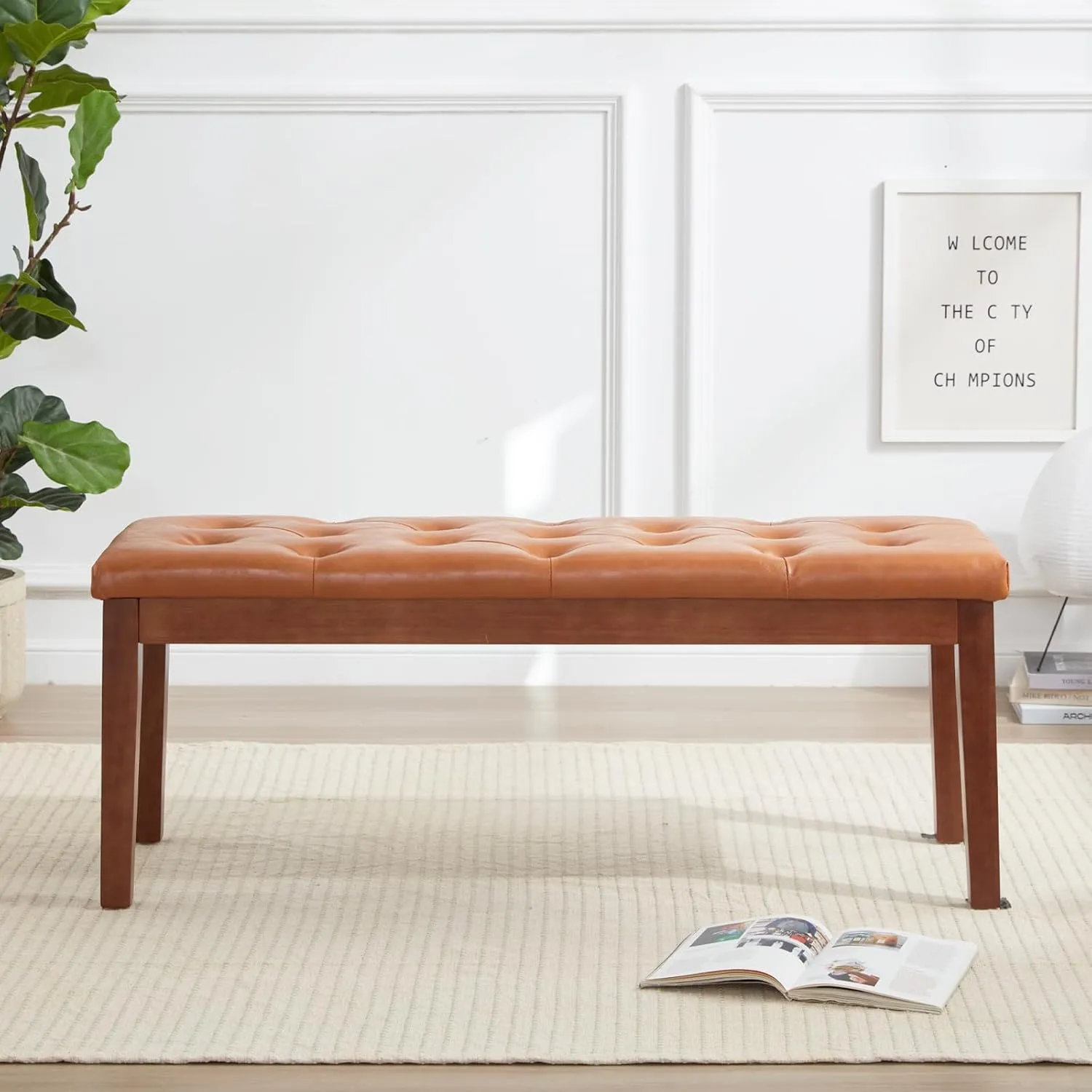 Ottoman Bench Upholstered Padded Seat with Solid Wood Legs and Button-Tufted, Faux Leather Cognac Brown