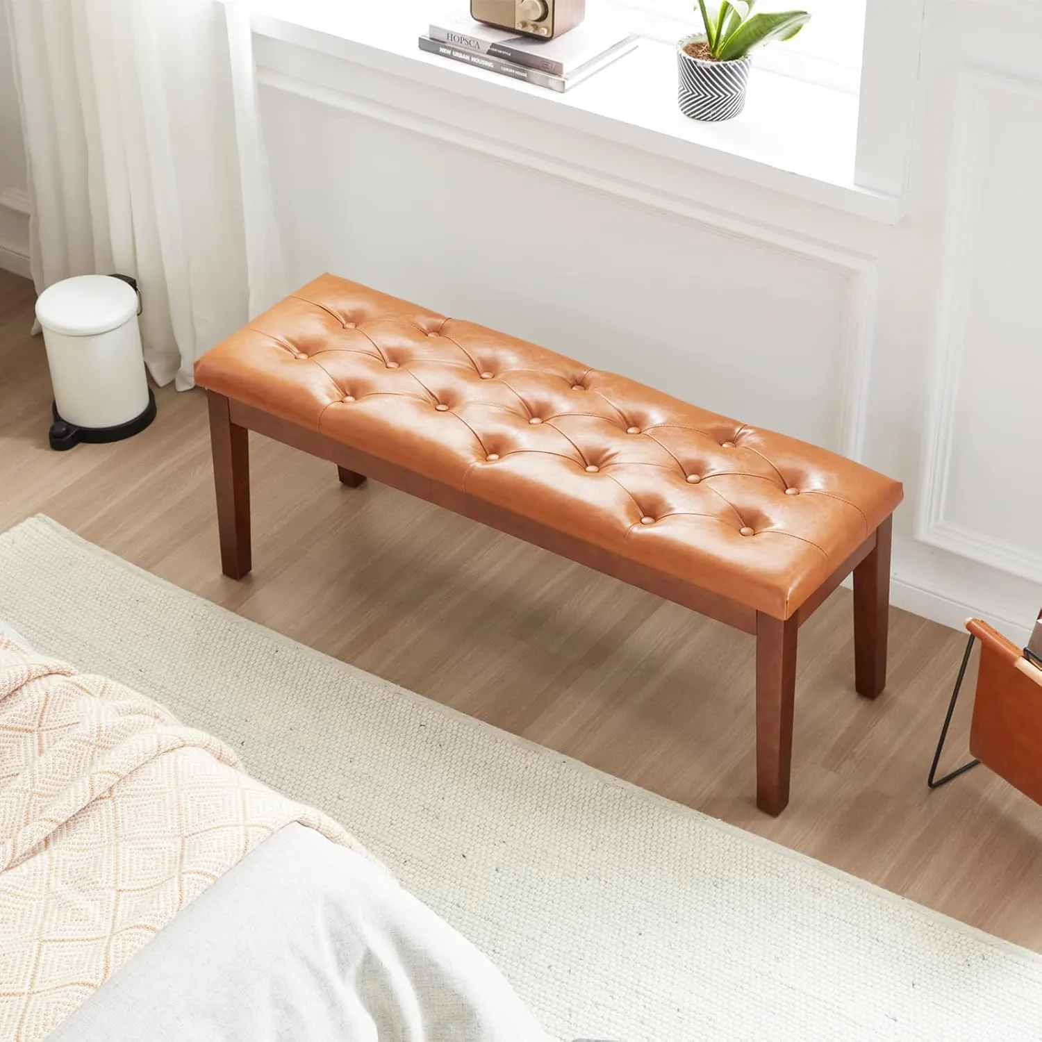 Ottoman Bench Upholstered Padded Seat with Solid Wood Legs and Button-Tufted, Faux Leather Cognac Brown