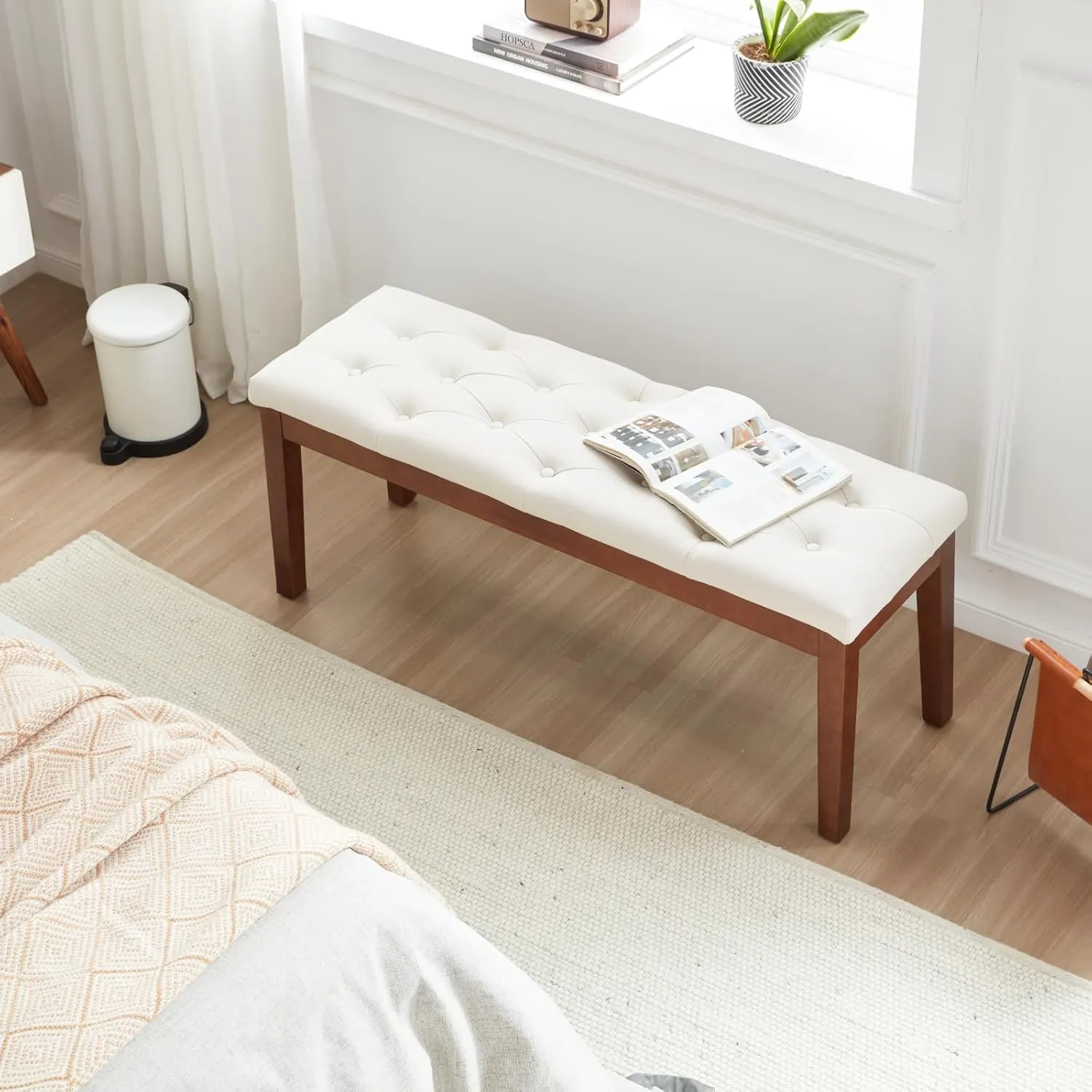 Ottoman Bench Upholstered Padded Seat with Solid Wood Legs and Button-Tufted, Linen Cream