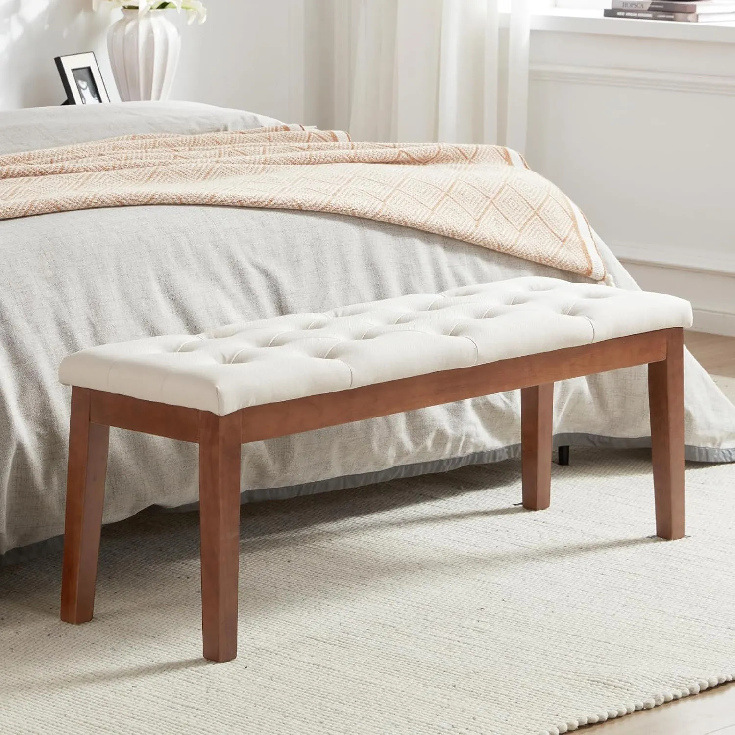 Ottoman Bench Upholstered Padded Seat with Solid Wood Legs and Button-Tufted, Linen Cream