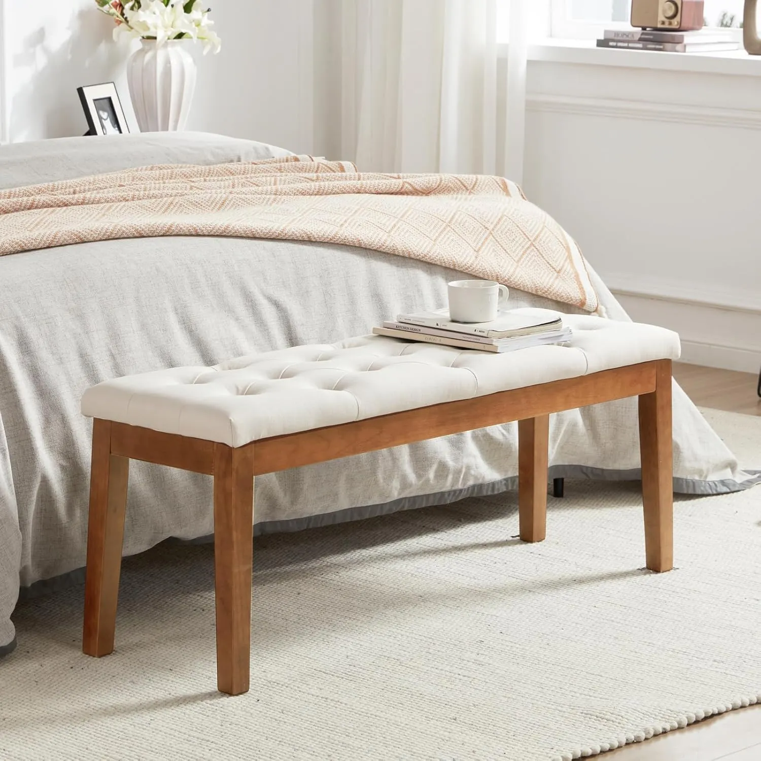 Ottoman Bench Upholstered Padded Seat with Solid Wood Legs and Button-Tufted, Linen Cream