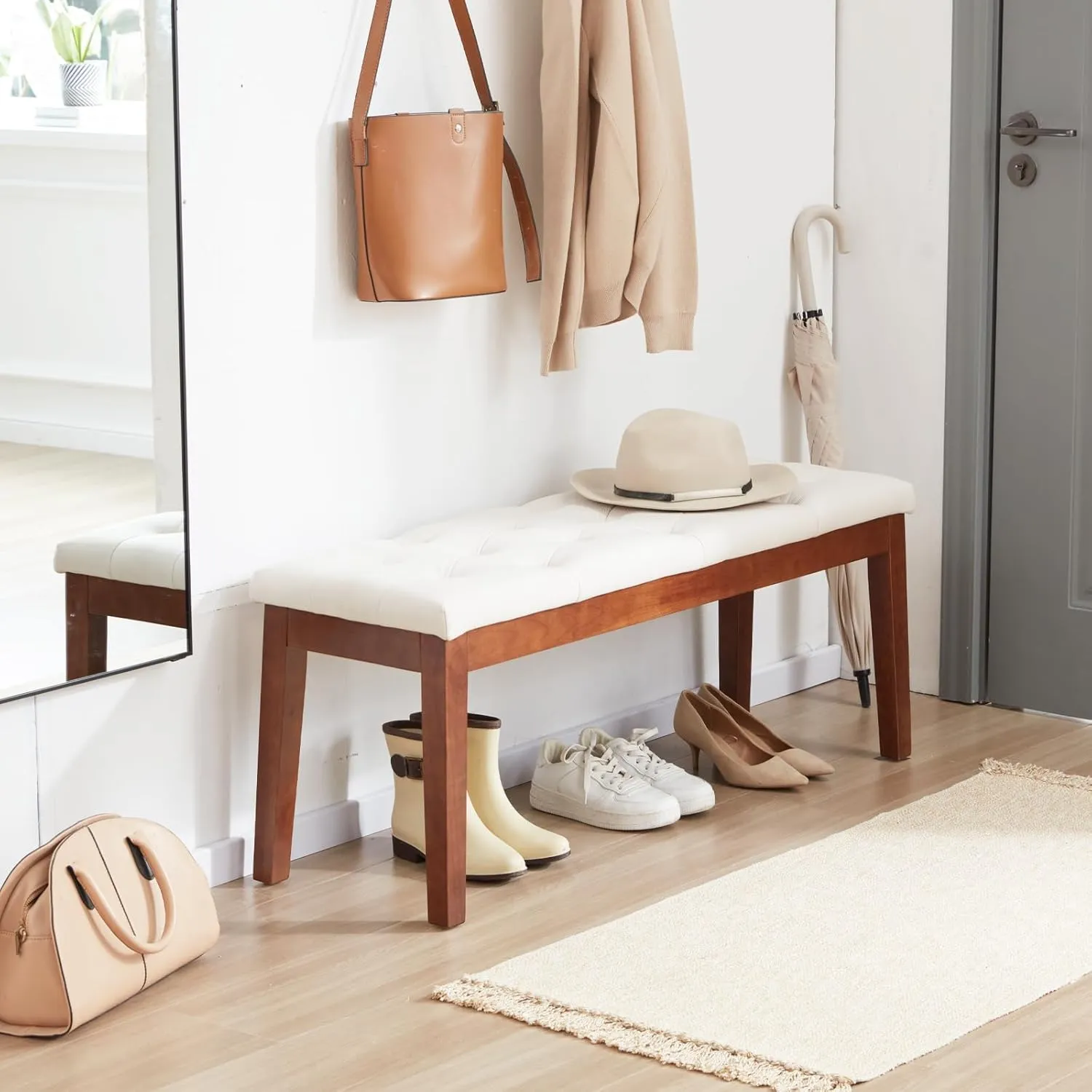 Ottoman Bench Upholstered Padded Seat with Solid Wood Legs and Button-Tufted, Linen Cream